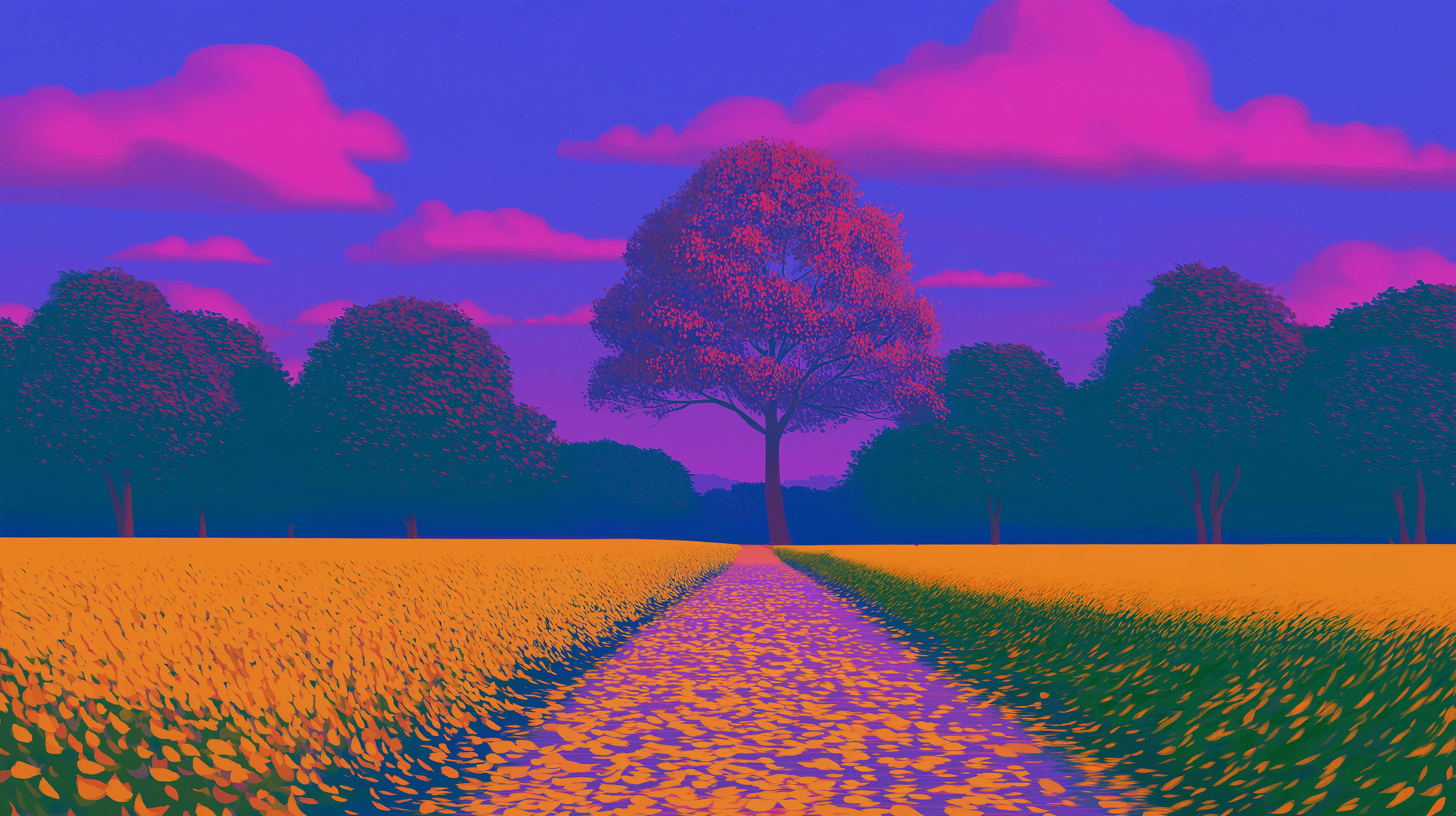 A leaf-covered path running between golden fields toward a single large tree, framed by darker trees.