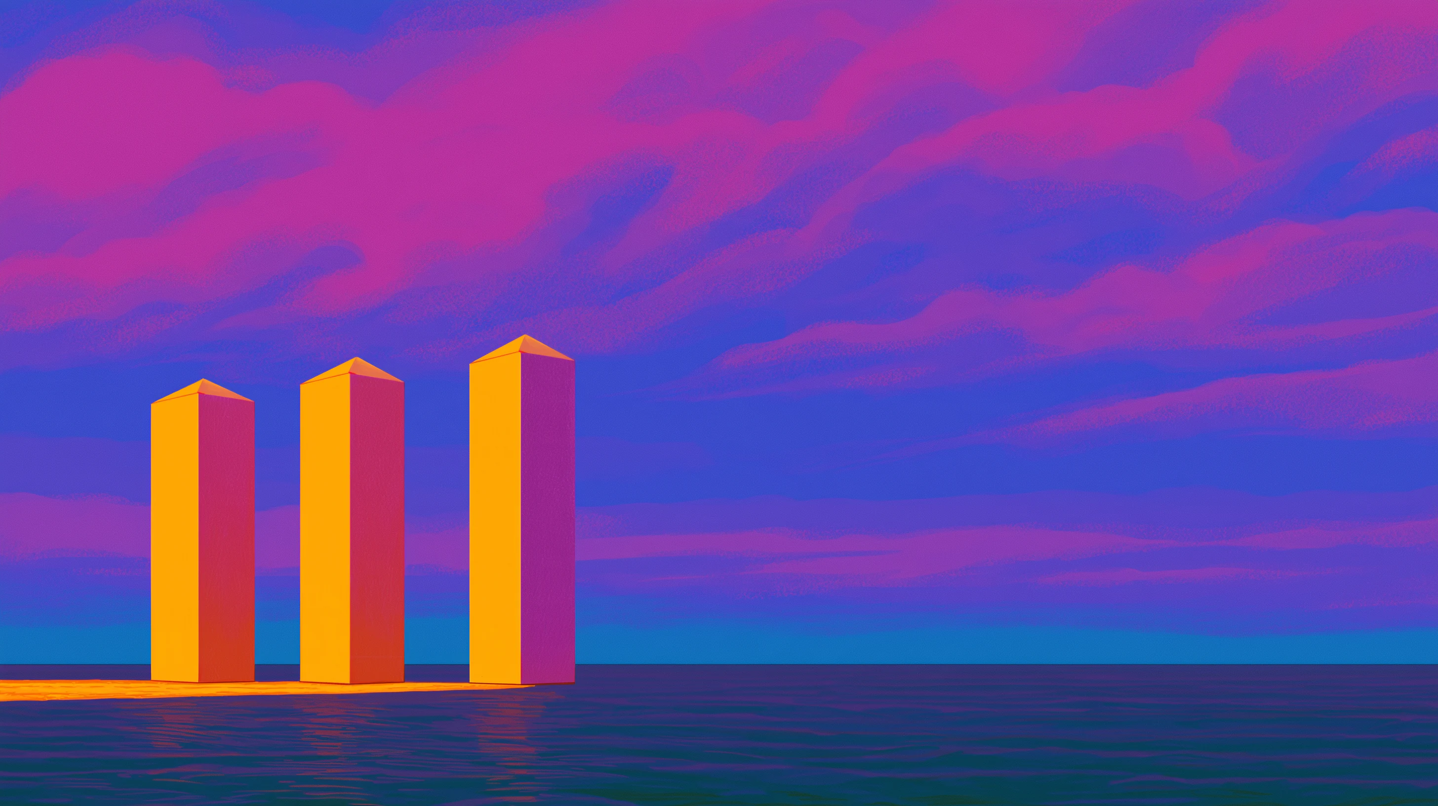 Three tall golden pillars standing at the edge of calm water under a streaked pink and blue sky.
