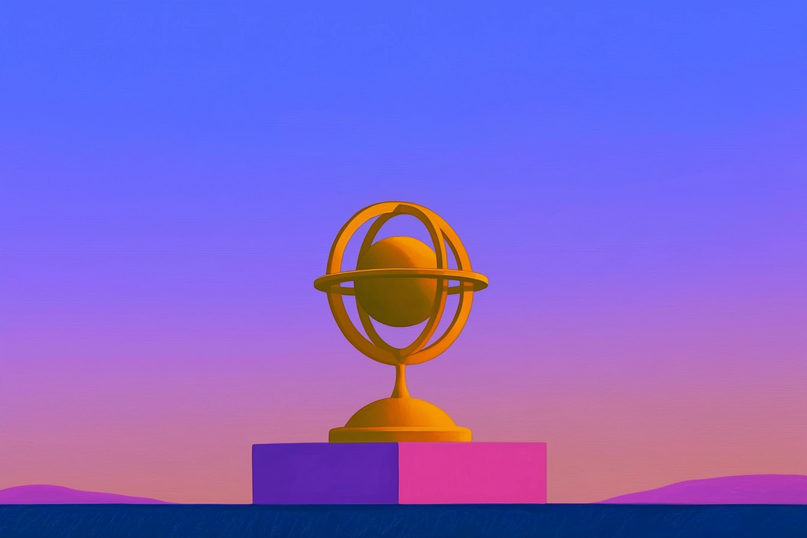 A golden armillary sphere standing on a purple and pink plinth against a smooth violet sunset sky.