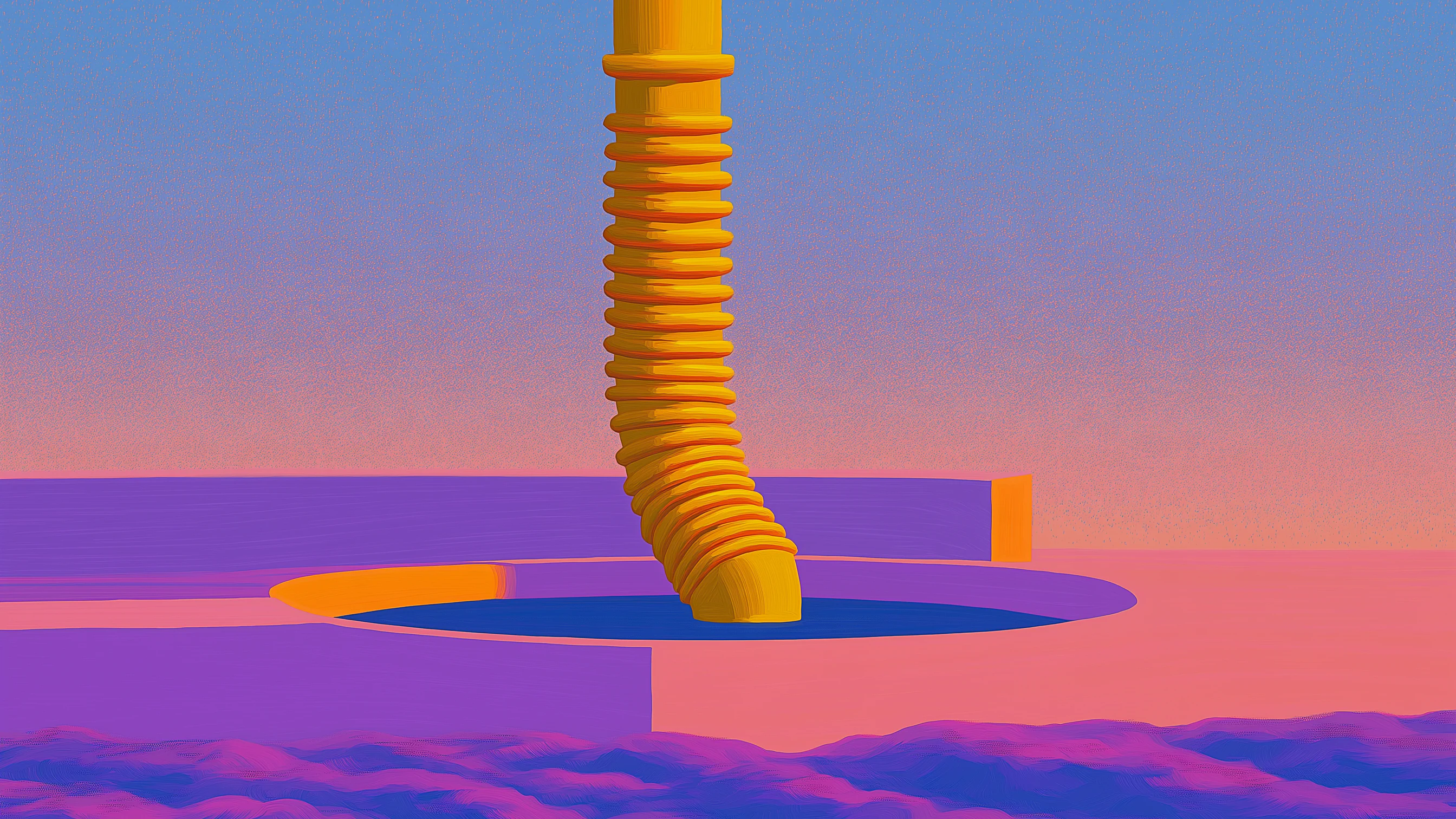 A ribbed golden pipe descending into a round opening in a flat platform above a sea of purple cloud.
