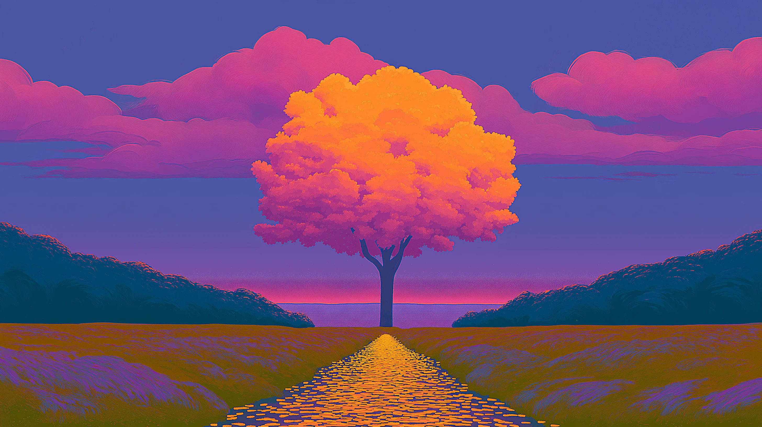 A glowing orange tree at the end of a golden cobbled path, between dark hedges under pink clouds.
