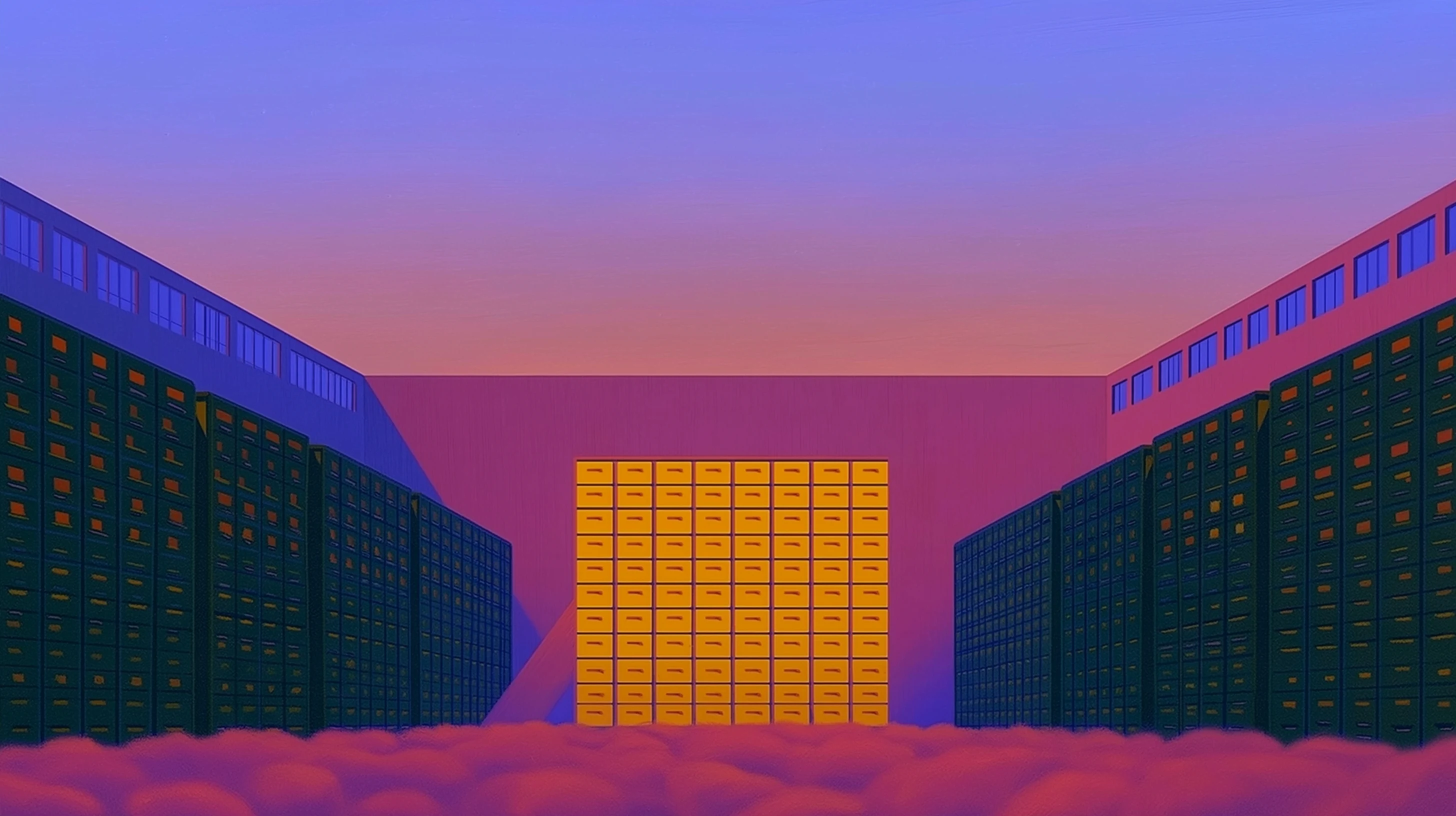 Two long walls of dark filing drawers facing a block of golden drawers, with pink cloud rolling along the floor.