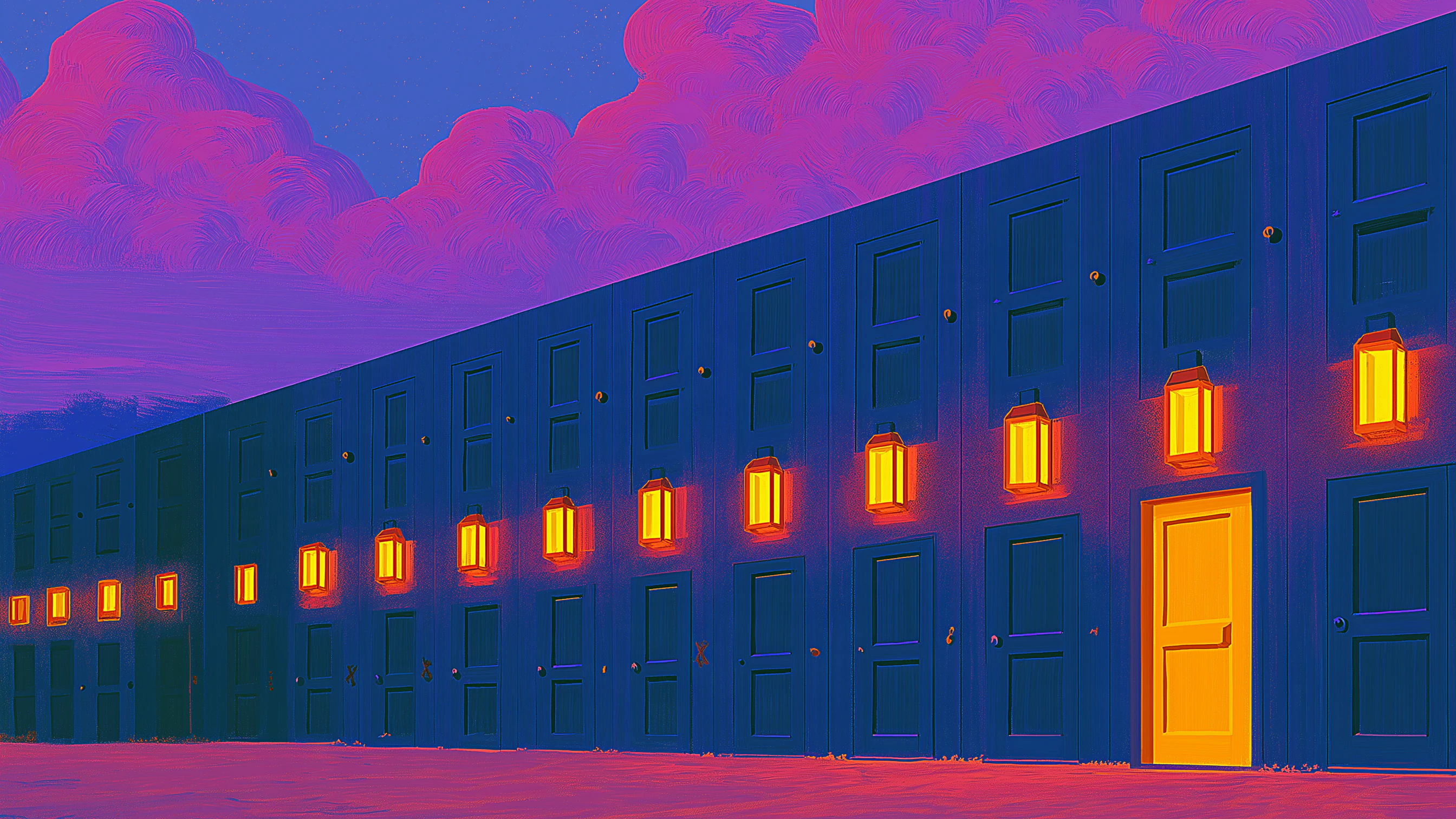 A long dark wall of closed doors lit by a row of glowing lanterns, with one golden door lit up under pink clouds.