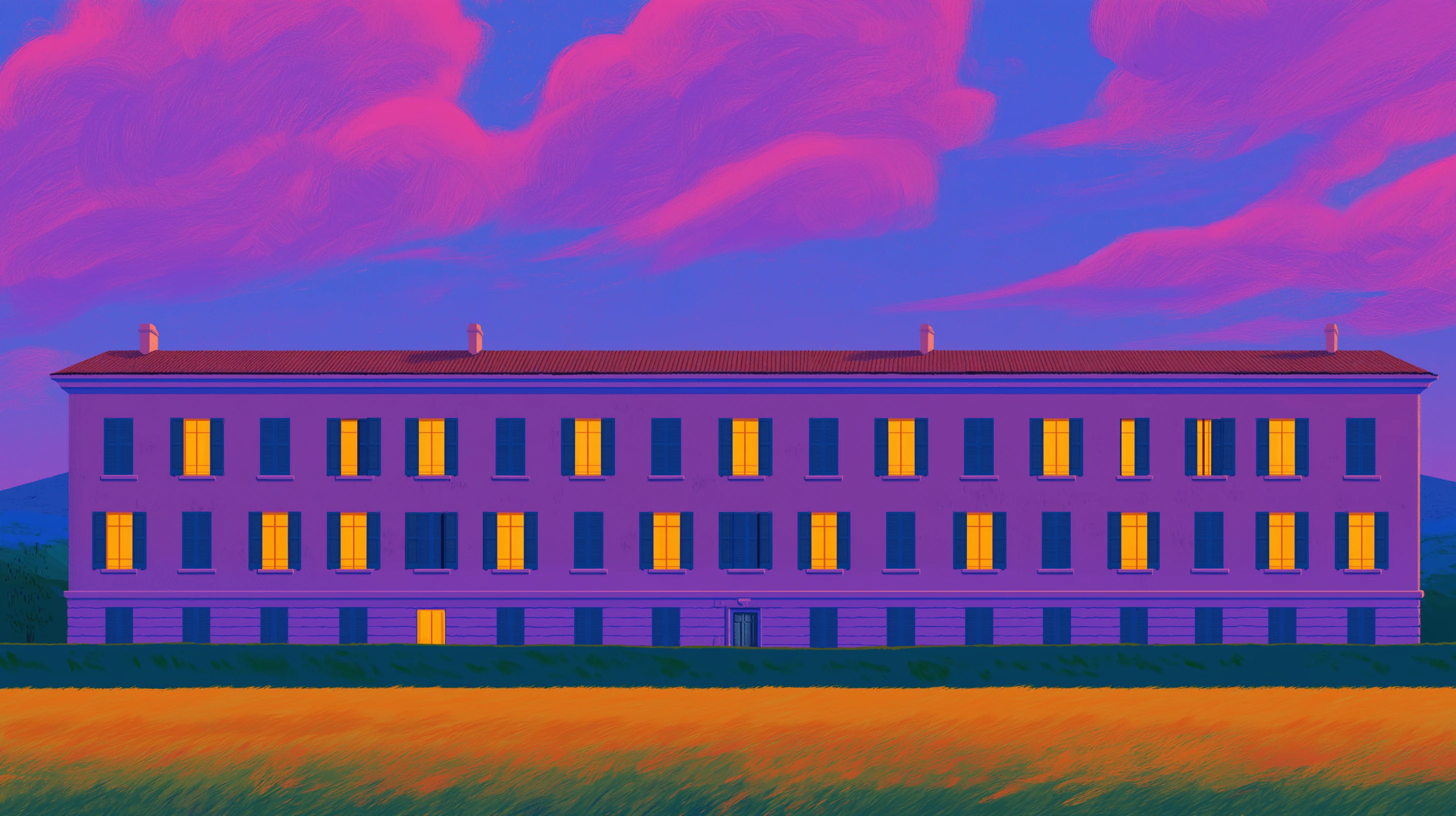 A long violet building with a few lit golden windows, behind a field of orange grass under pink clouds.