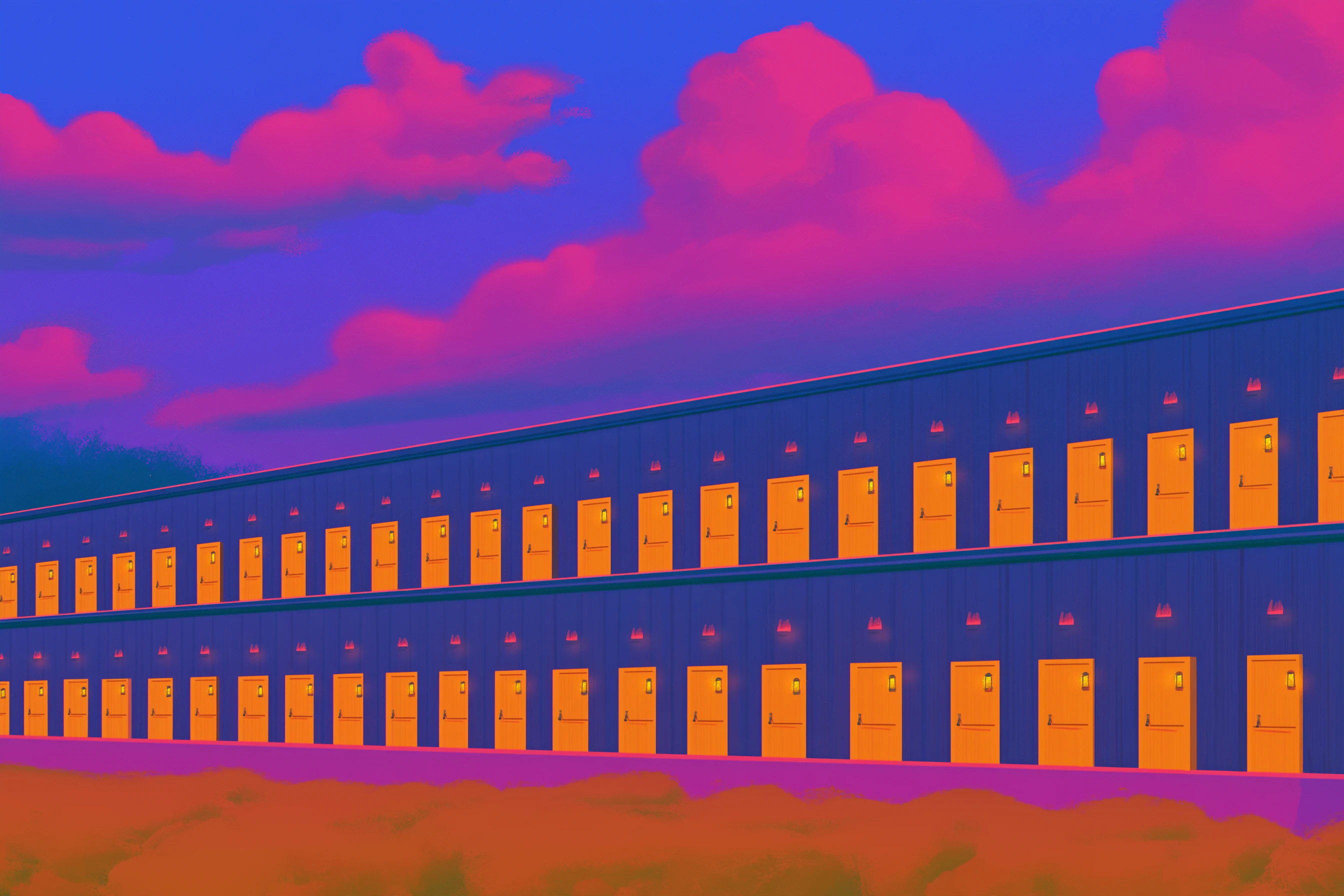 A two storey row of orange doors along a long blue building, under bright pink clouds and a blue sky.