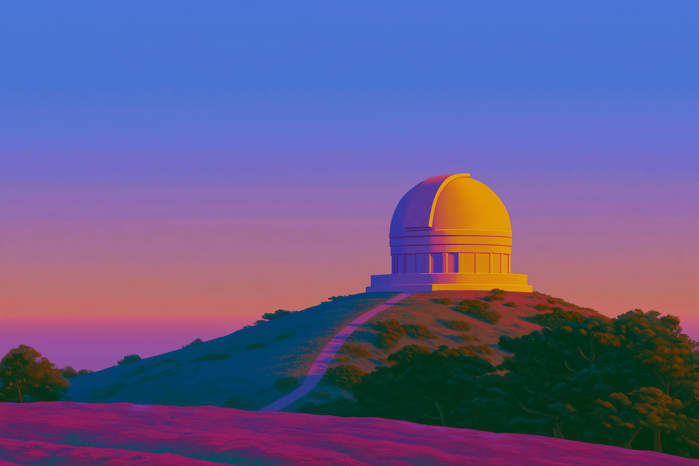A golden observatory dome on a green hilltop, with a path winding up to it under a violet dusk sky.