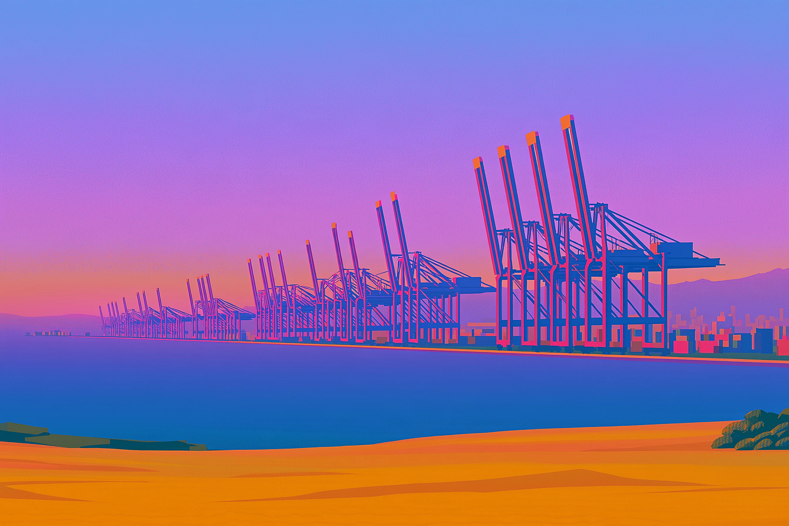 A long row of shipping cranes along a violet harbour, with golden sand in the foreground at dusk.
