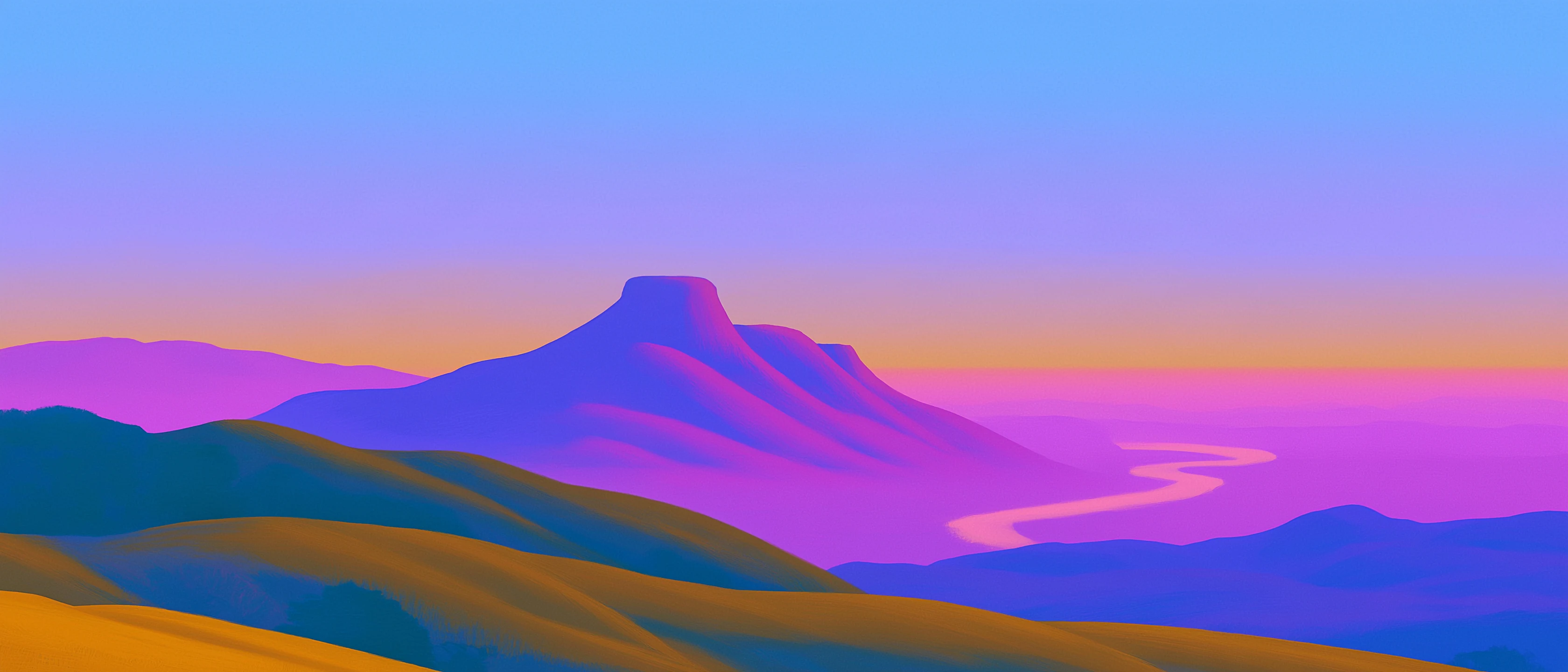 A flat topped violet mountain above golden hills, with a pink river winding through the valley.