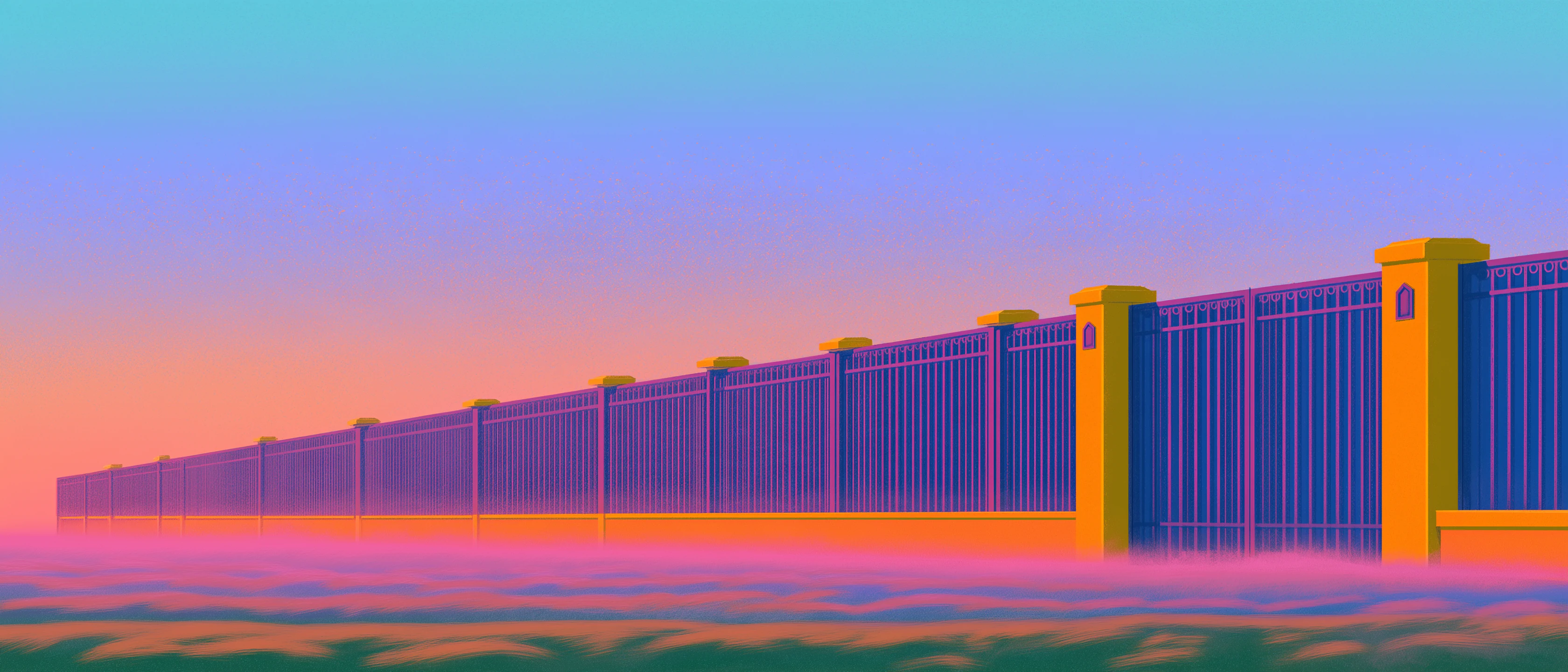 A long iron fence with golden stone pillars stretching into a pink mist under a blue sky.