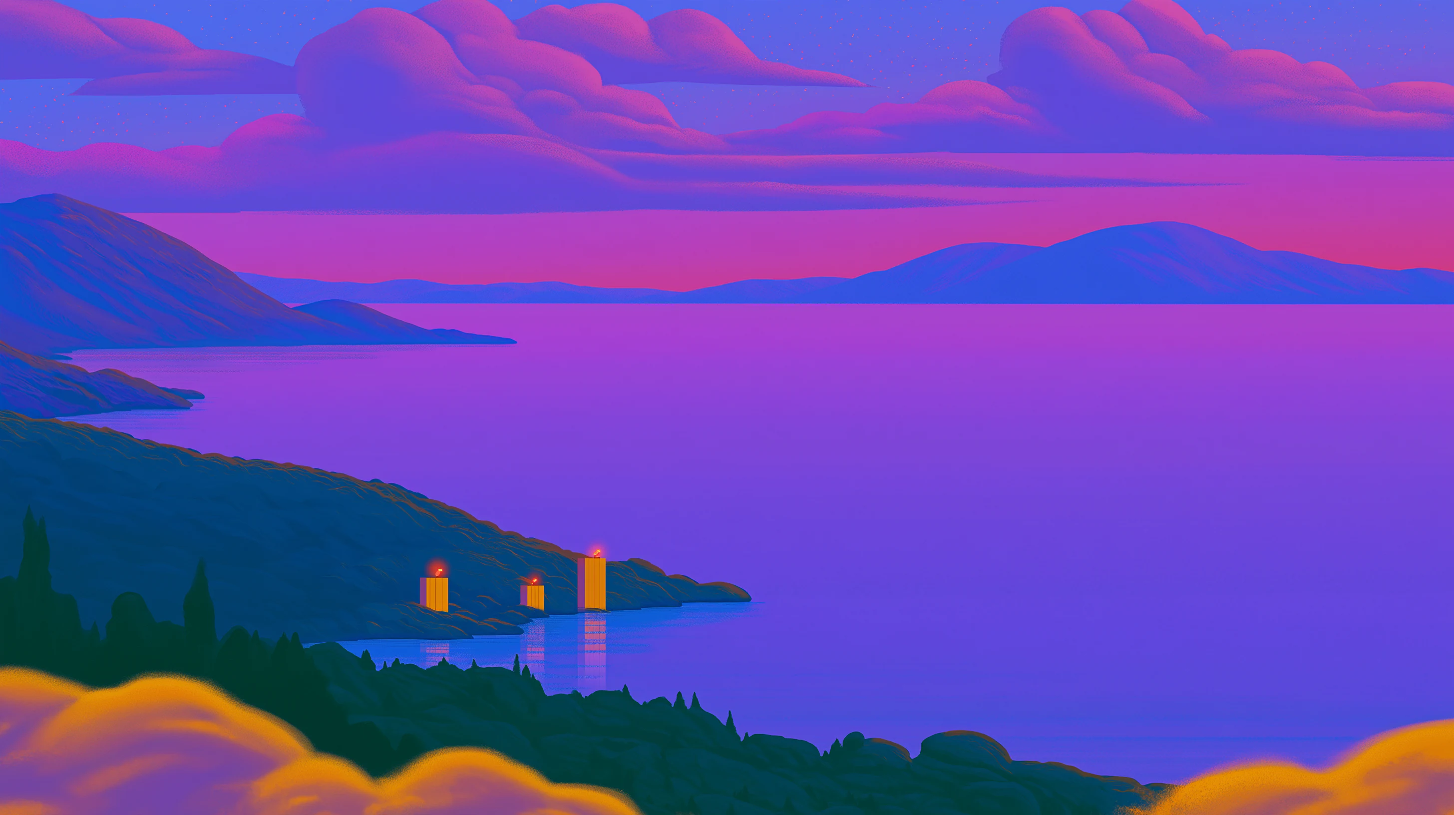 A calm violet lake stretching to distant hills under a soft pink and purple sunset, with a few small lit towers along the near shoreline.