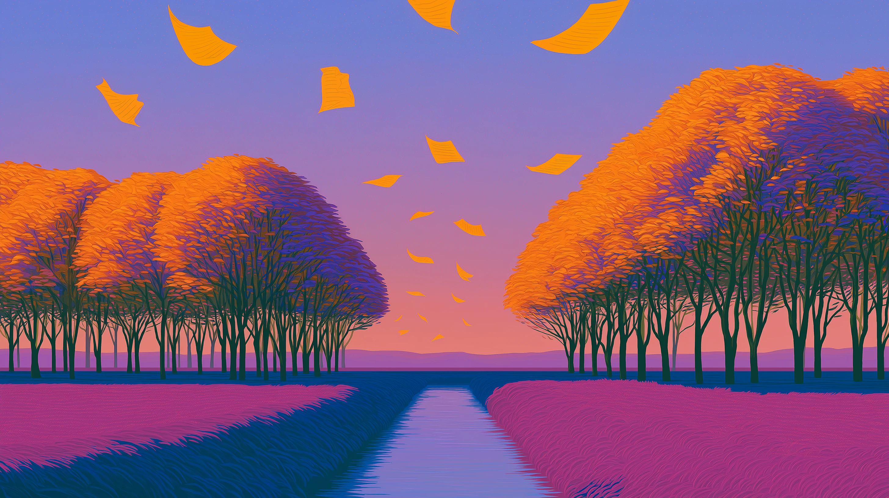 Two mirrored rows of autumn trees lining a straight canal, orange leaves drifting through the sky between them toward a pink horizon.