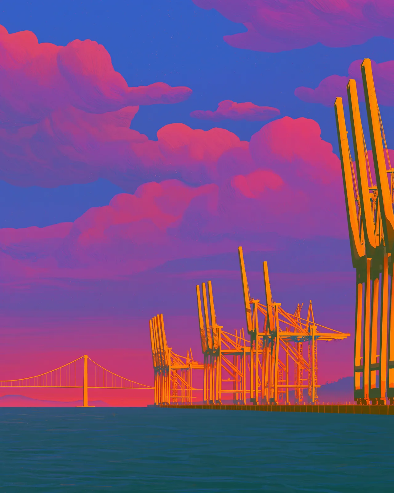 Container cranes along a harbour at dusk, a suspension bridge on the horizon.