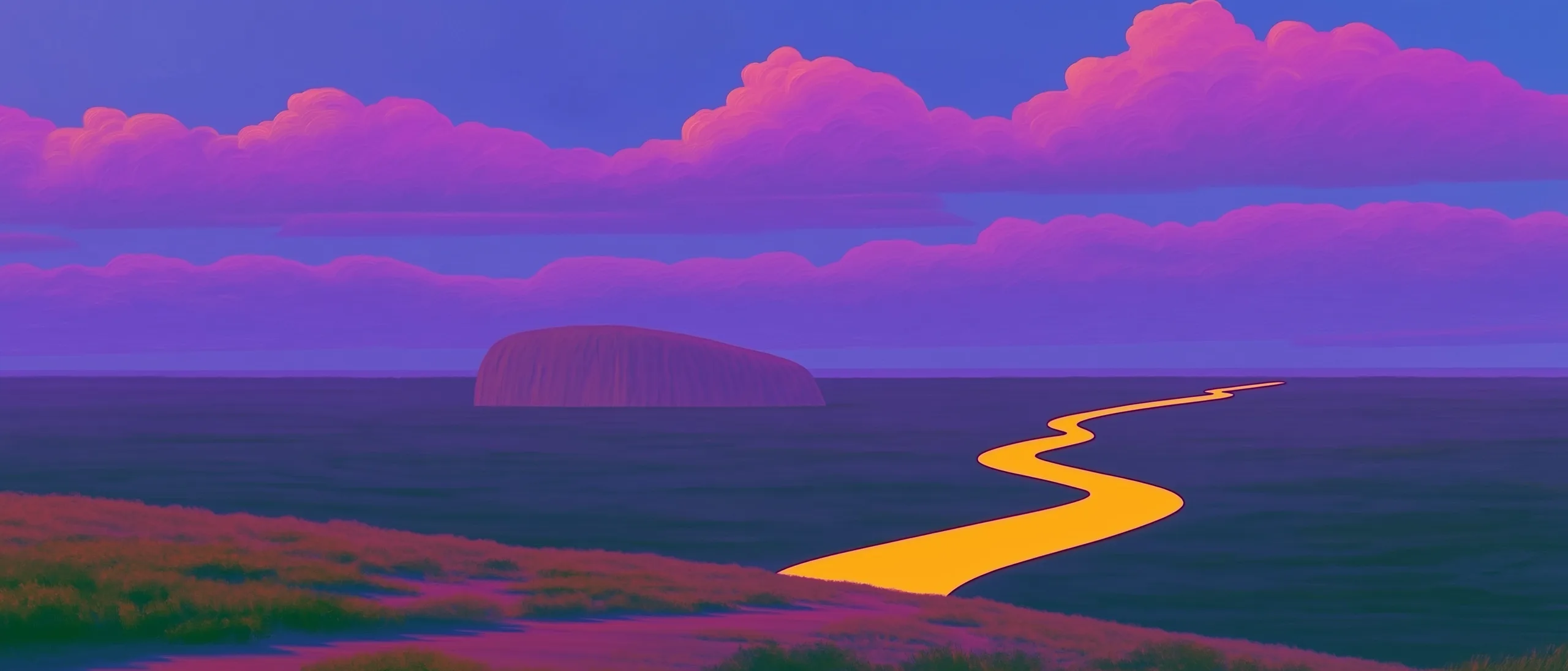 A golden river winding across a dusk plain toward a distant rock under violet clouds.