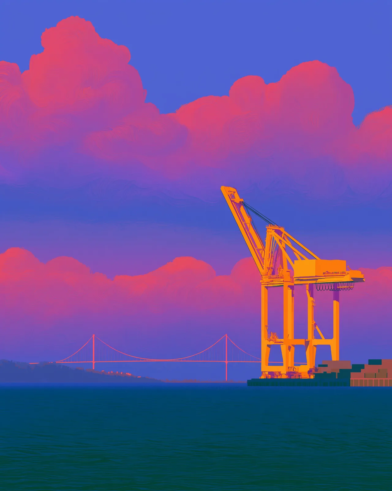 A single harbour crane on the water at dusk, pink clouds and a suspension bridge behind it.