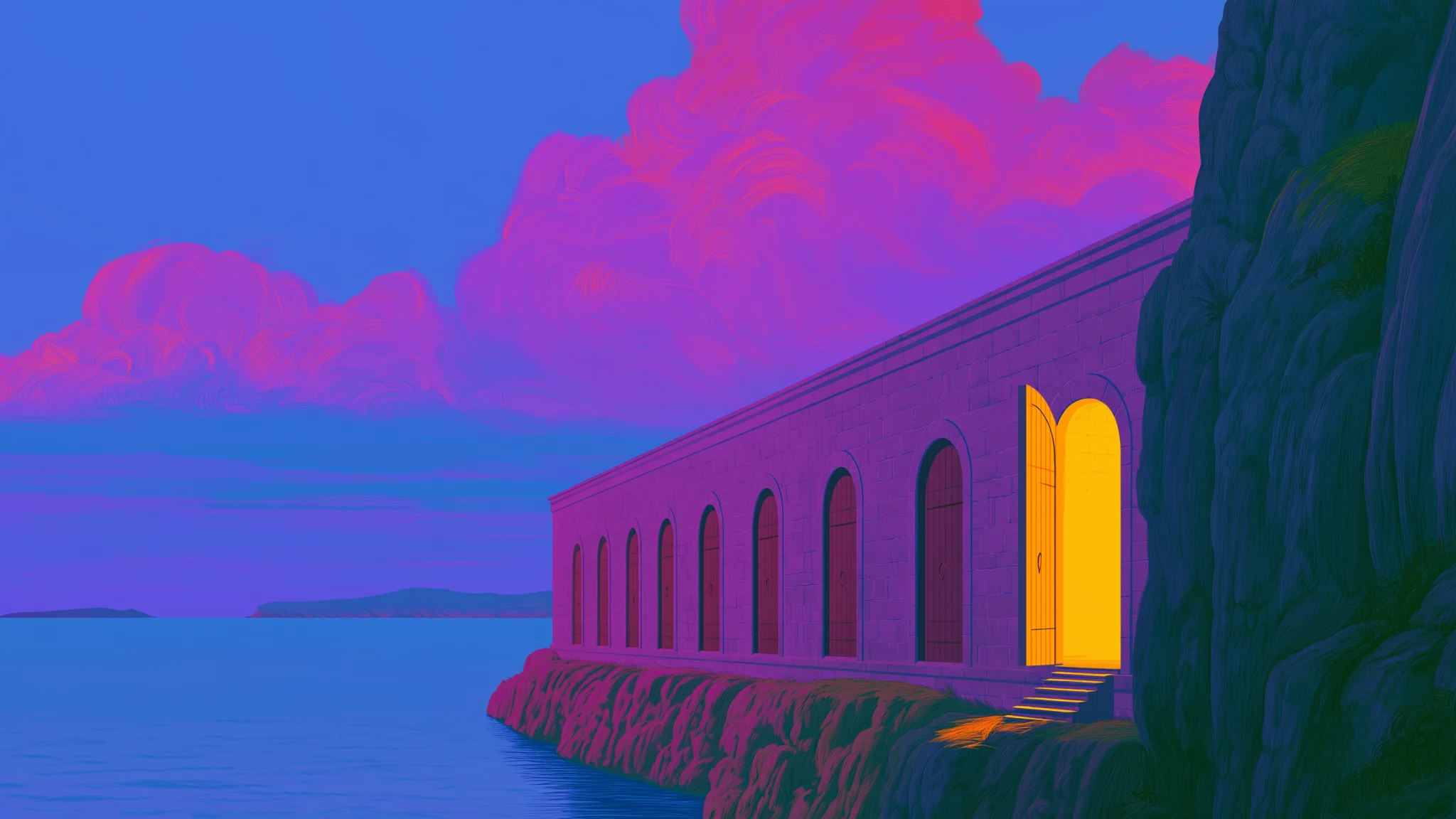 A stone treasury built into a sea cliff at dusk, one arched door glowing gold above calm water.