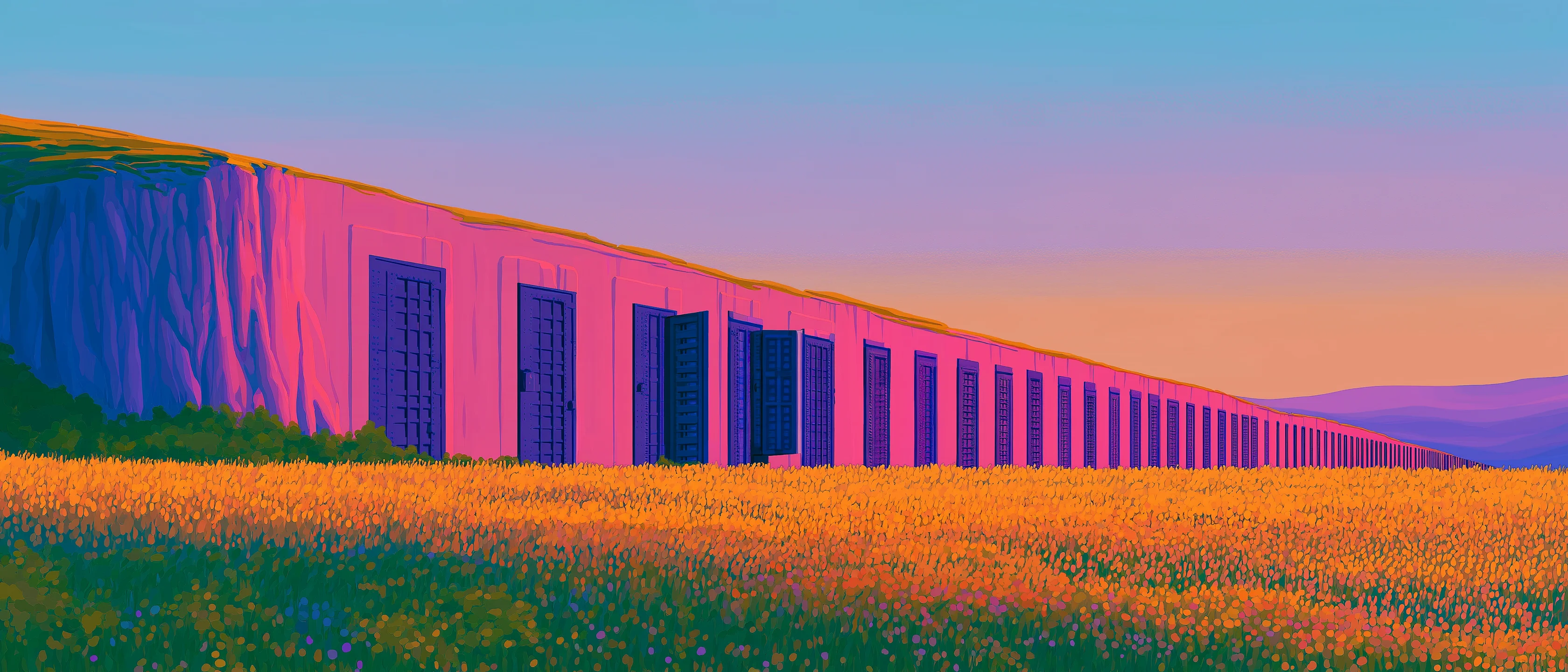 A long pale cliff lined with identical vault doors above a field of golden flowers at sunset.