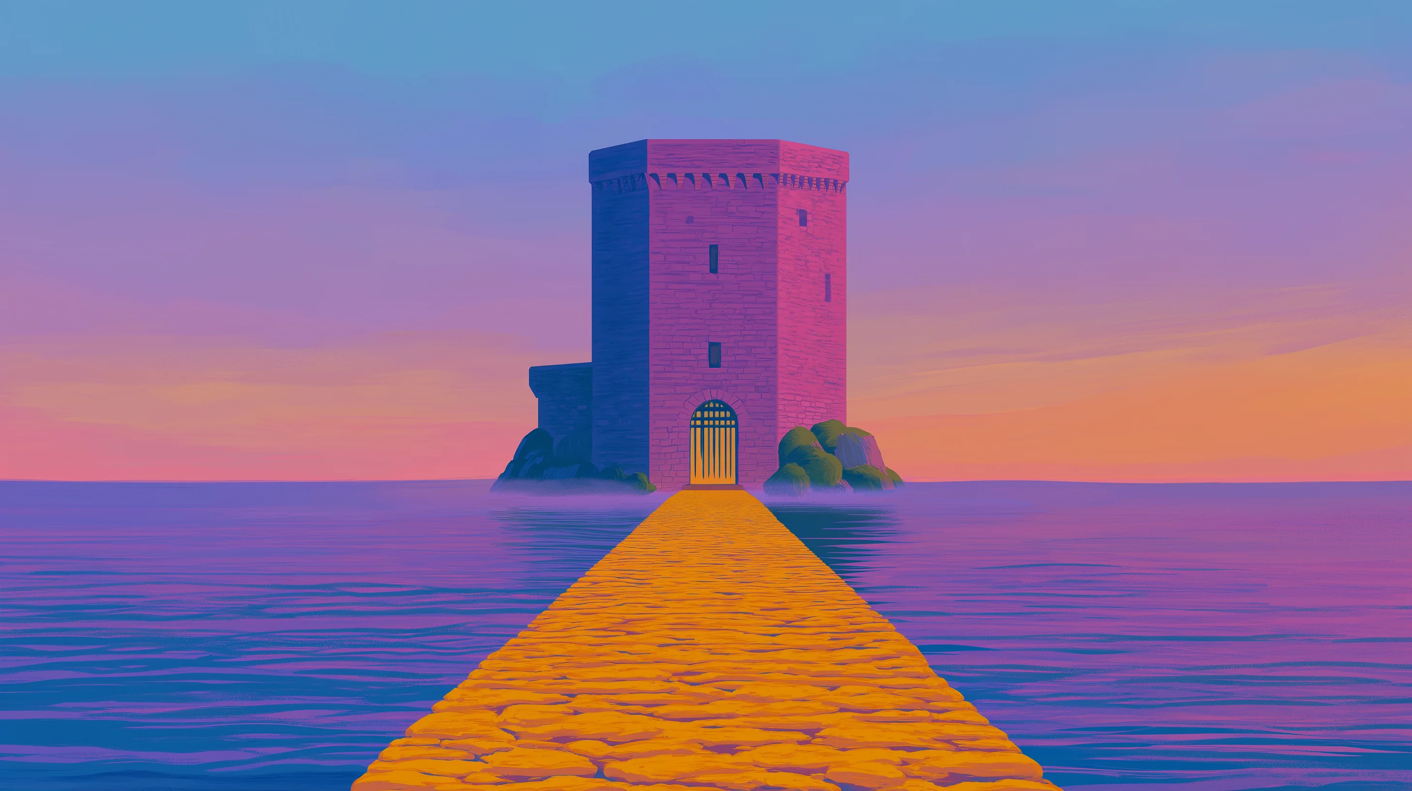 A narrow golden causeway crossing calm water to a small stone tower on an island at dusk.