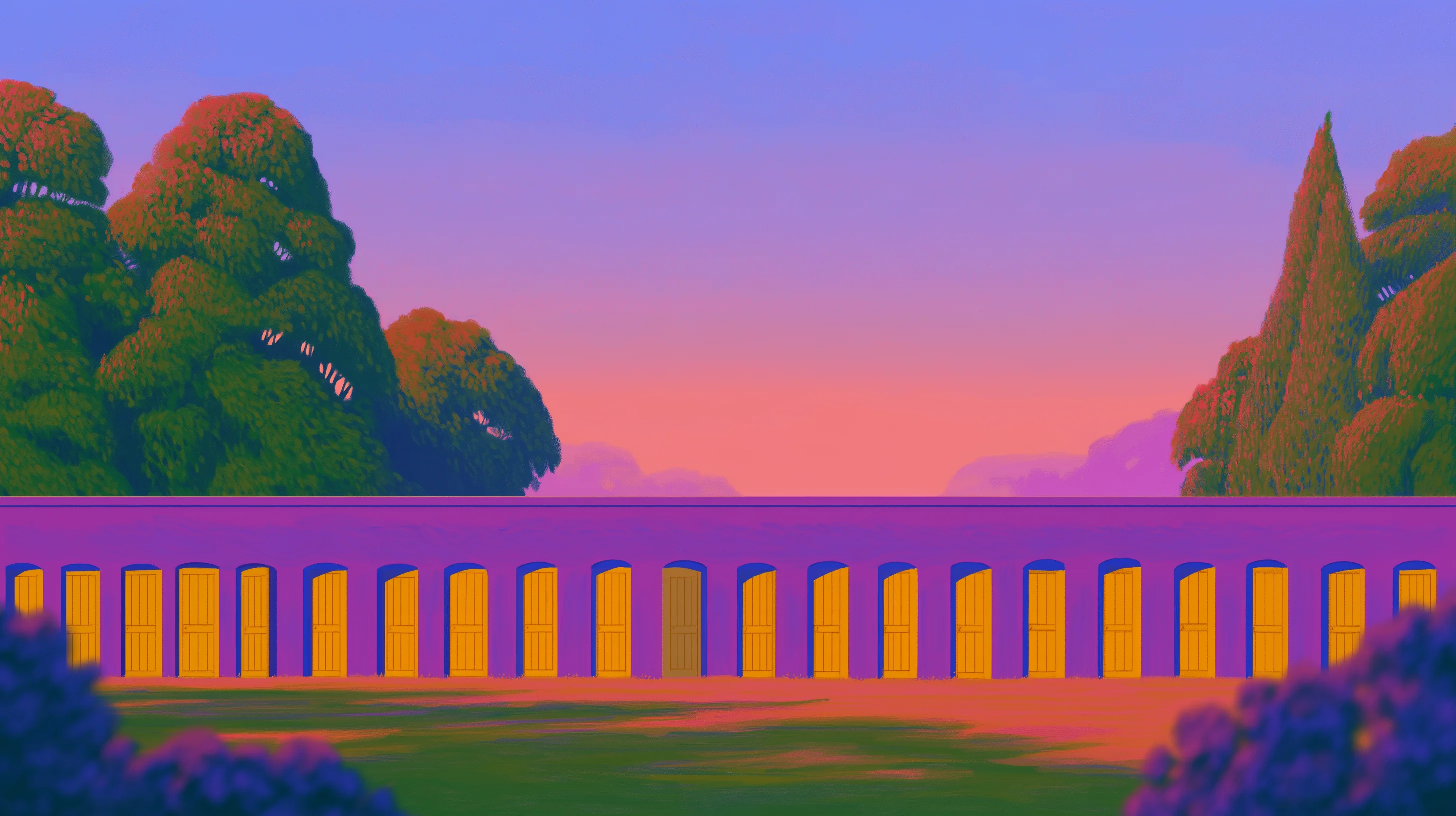 A long violet garden wall lined with many small golden gates, between dark trees at sunset.