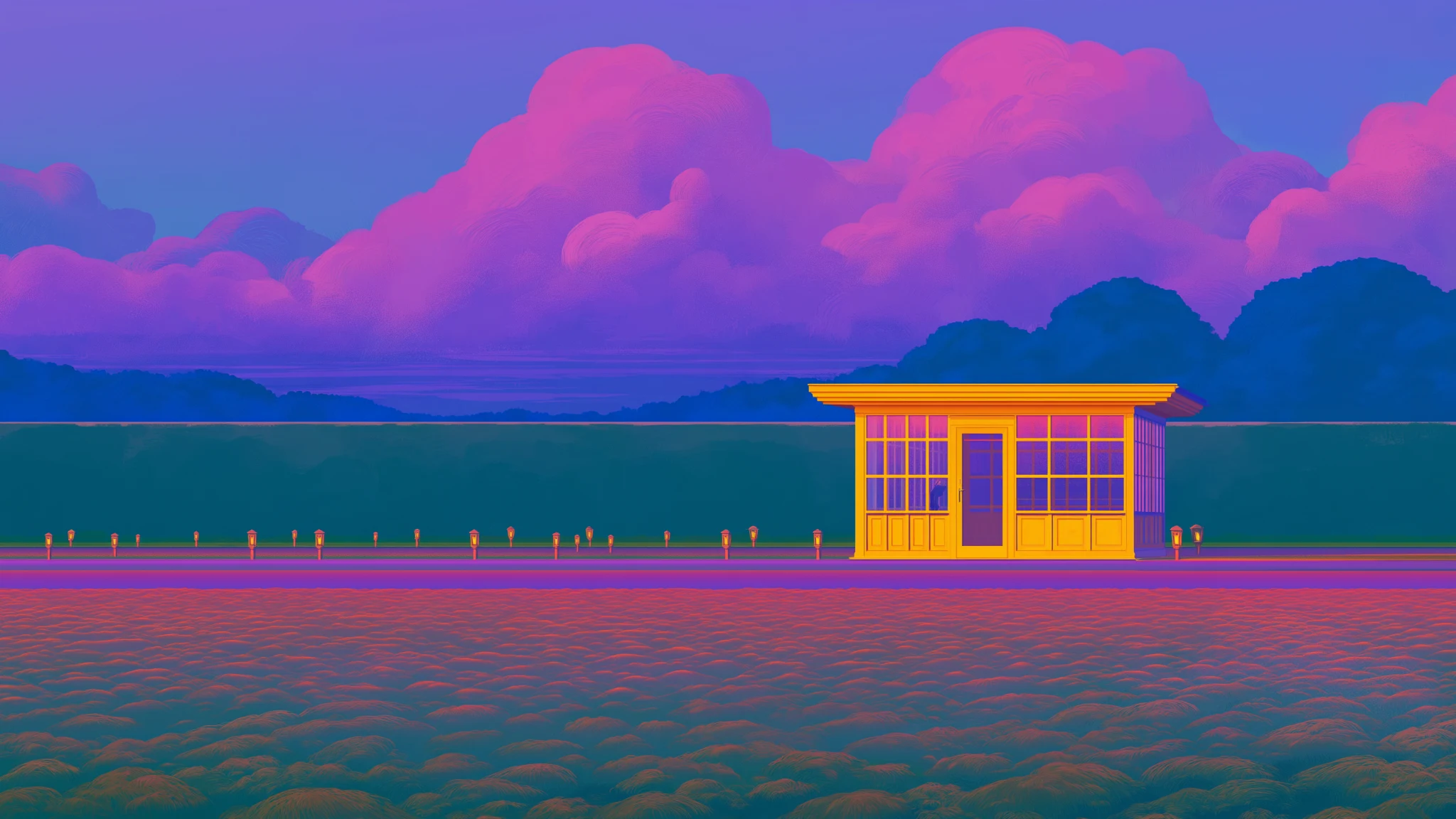 A small glass pavilion lit gold at the edge of a walled garden, under pink clouds at dusk.