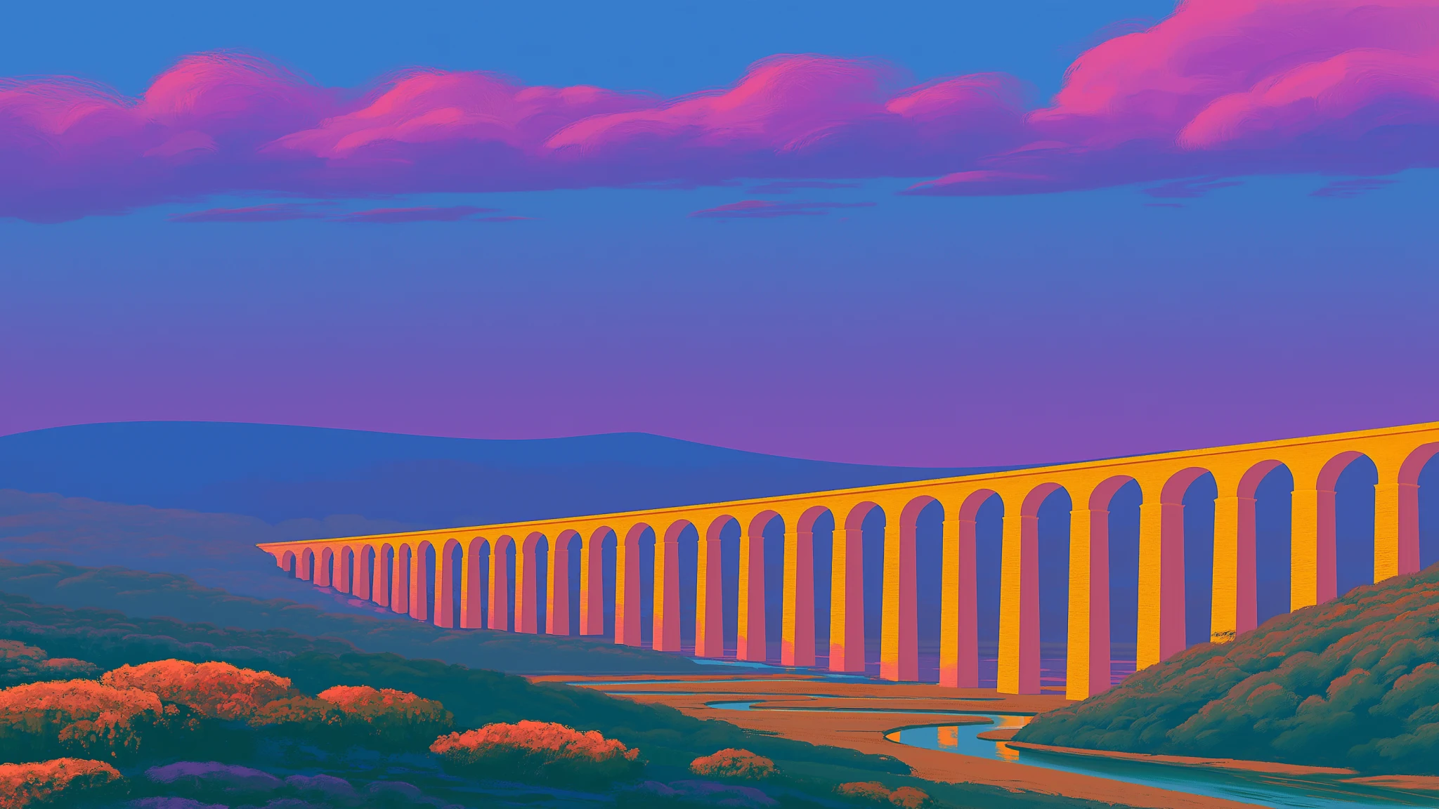 A long stone viaduct with even golden arches crossing a green valley under pink clouds.