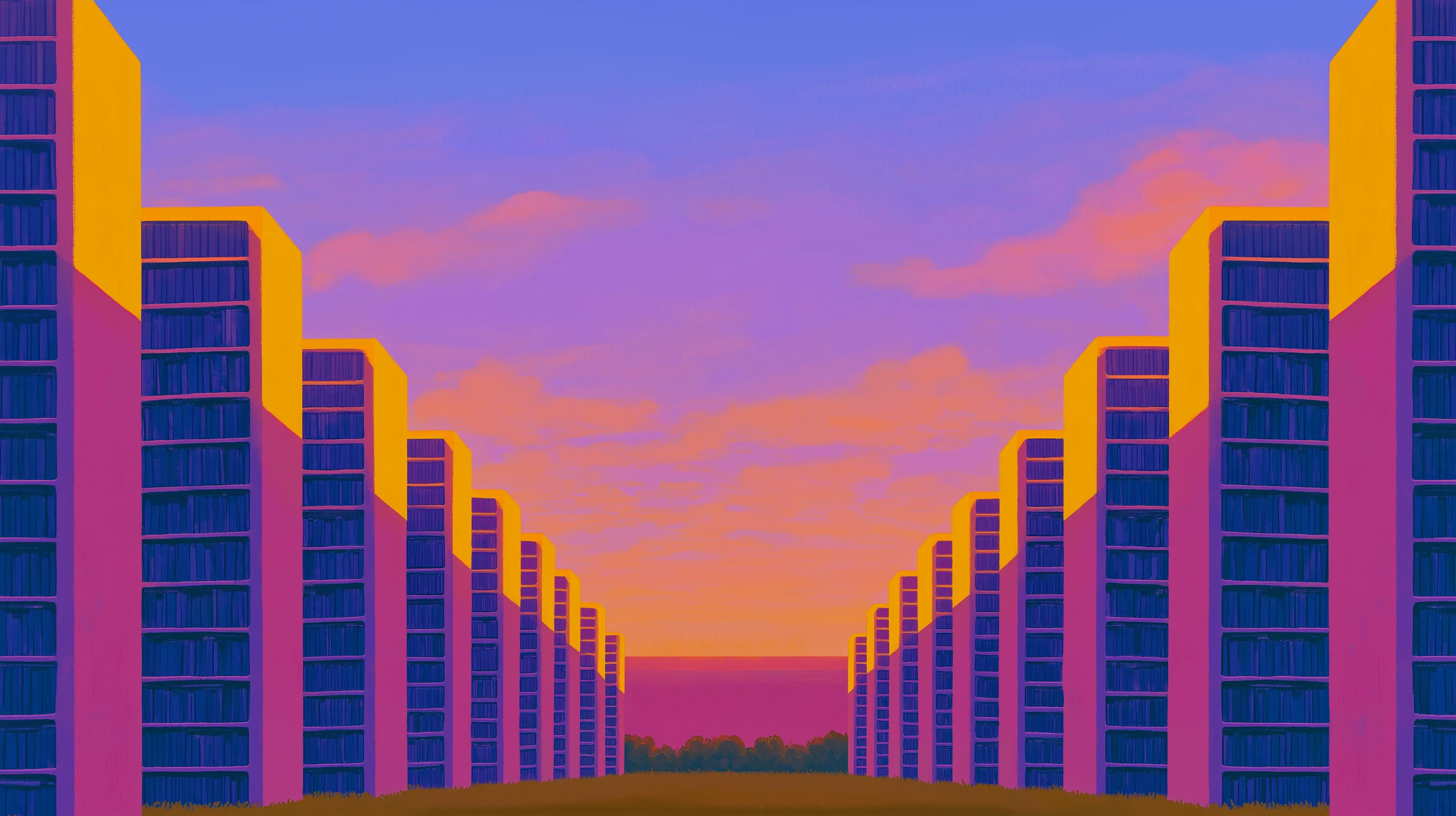 A quiet archive hall of tall shelves lit gold, opening onto a pink evening sky.