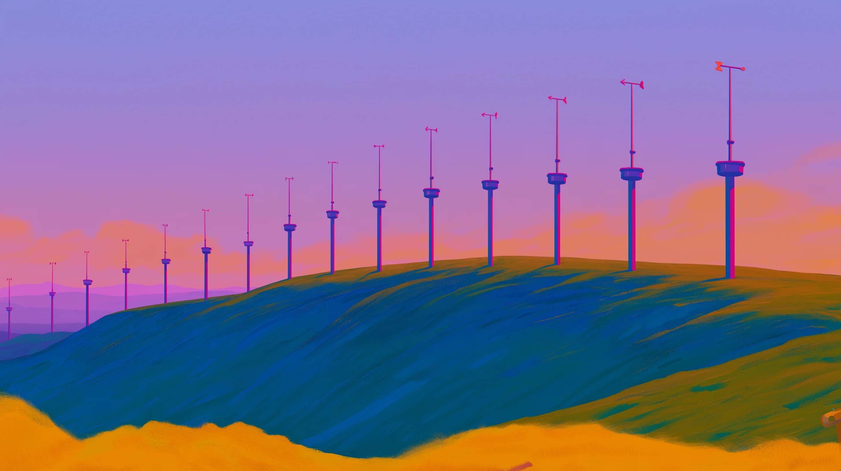 A row of small weather stations with wind vanes along a green hilltop at dusk.