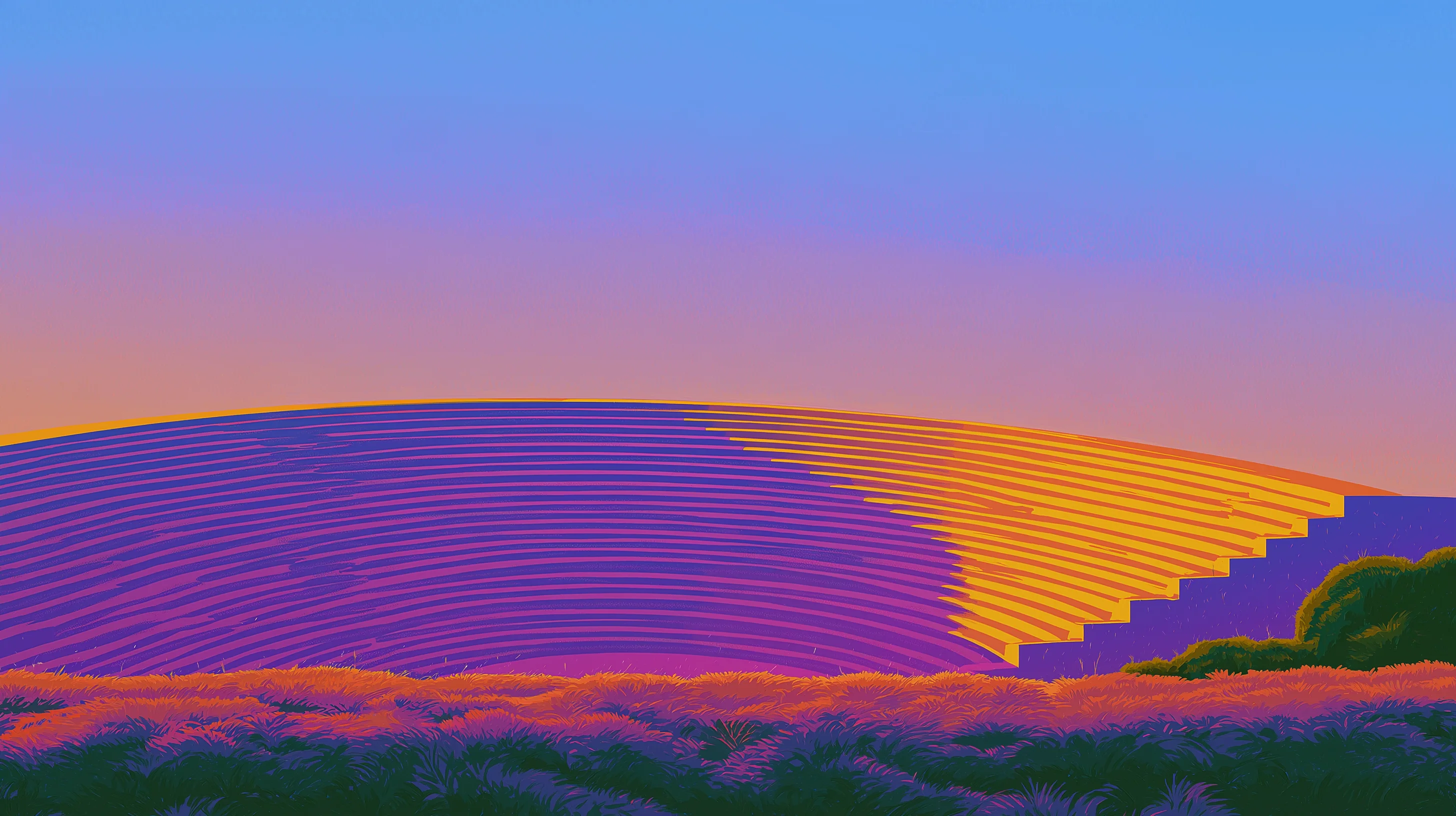 An empty open air stone amphitheatre with even tiers of steps lit gold at sunset.