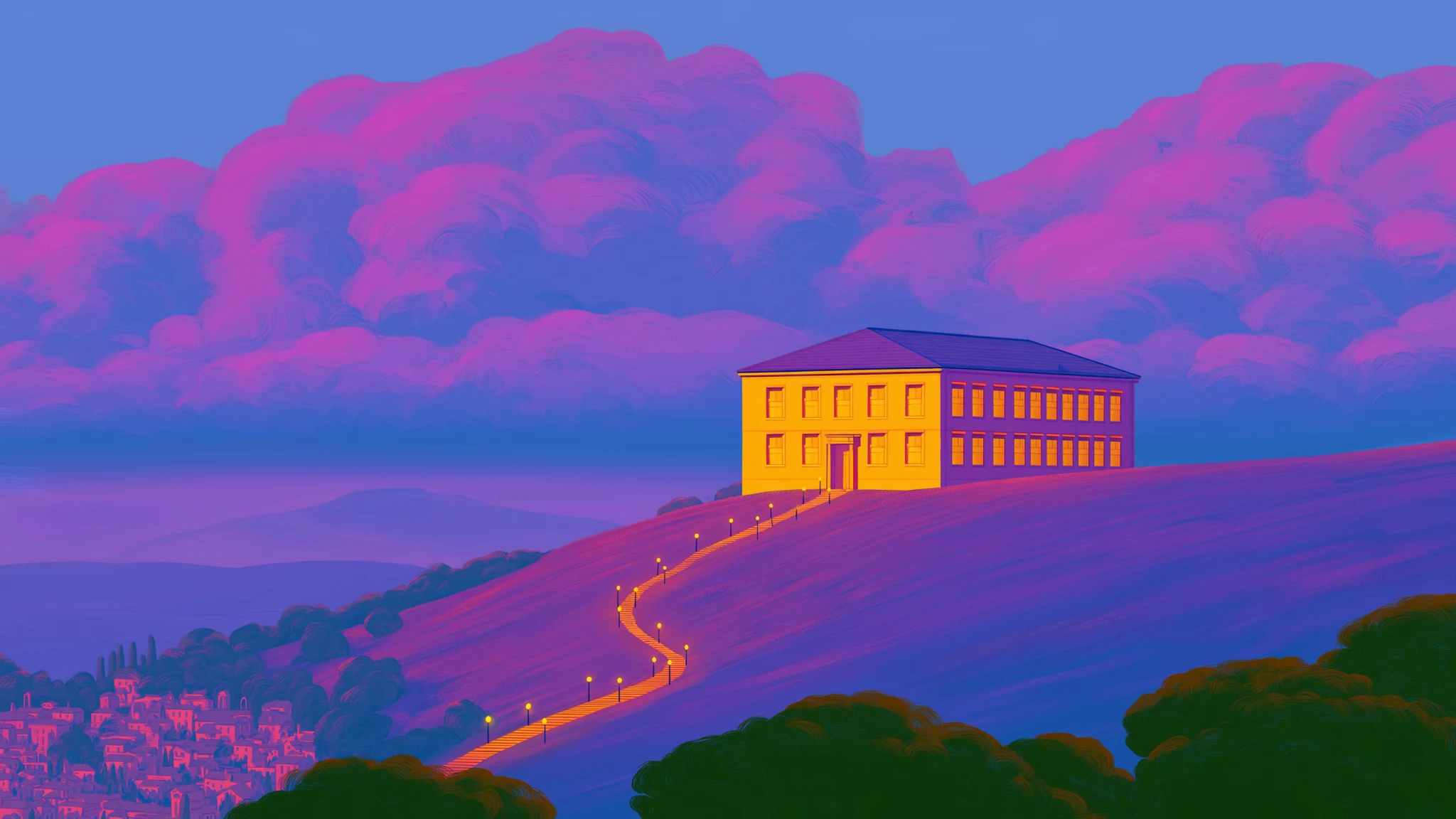 A pale stone school on a hill with every window lit, a lantern path winding up from the town below.