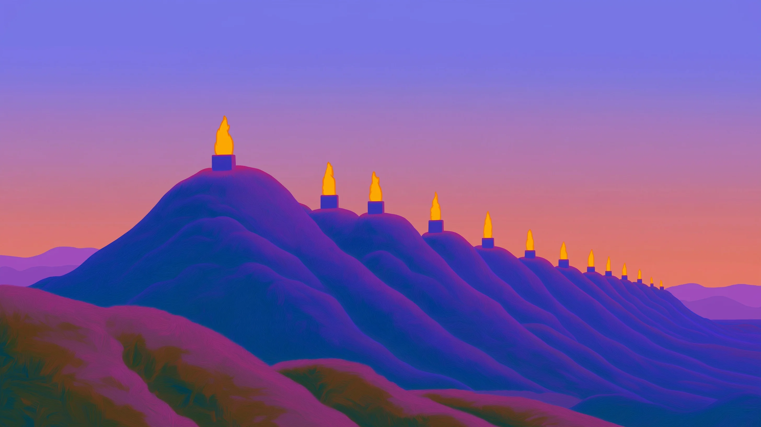 A chain of signal beacons burning on hilltops, stretching across a violet ridge at dusk.