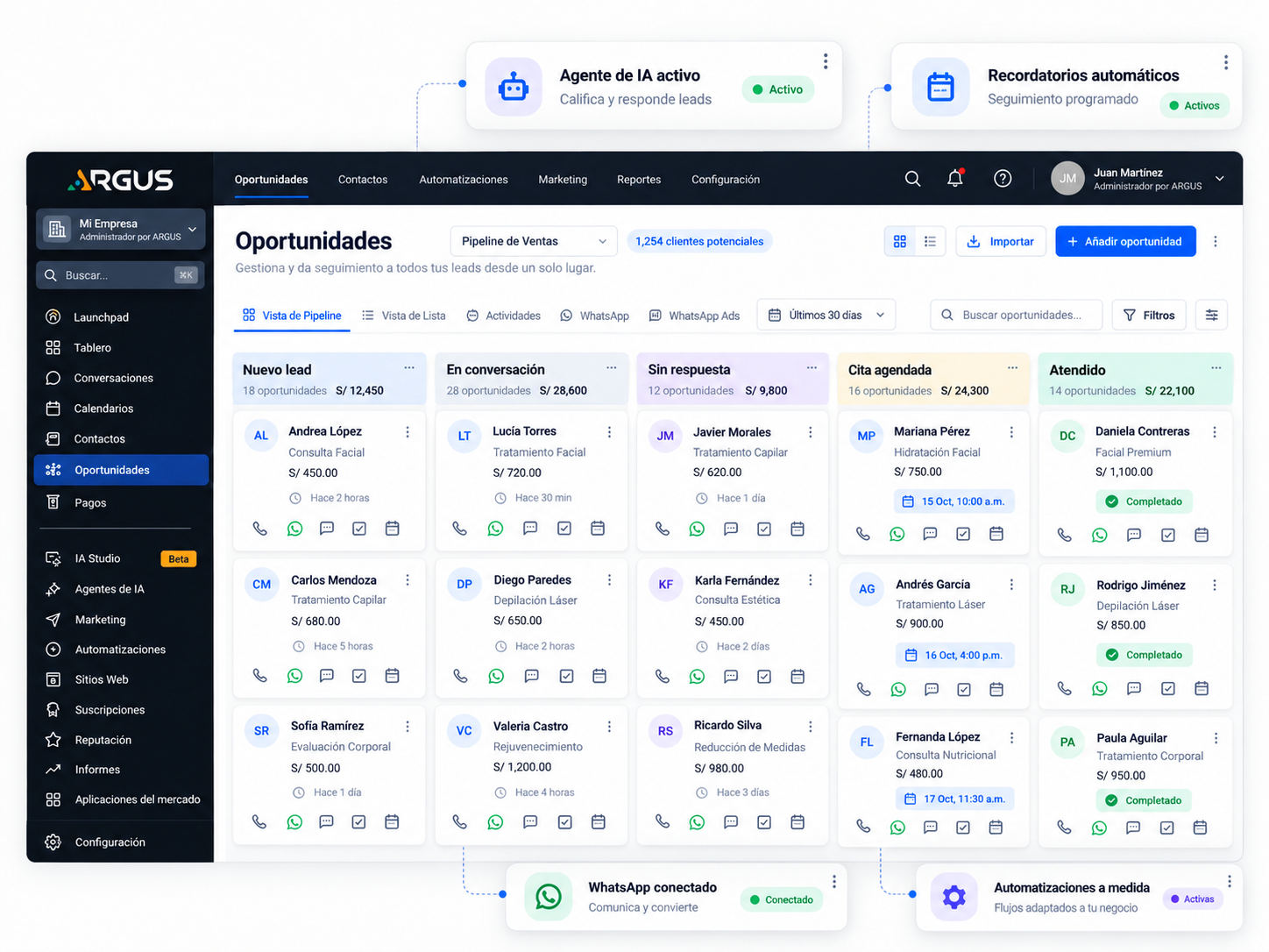 Subcuenta GoHighLevel administrada por Argus con pipeline de ventas, agente de IA activo, recordatorios automáticos, WhatsApp conectado y automatizaciones personalizadas.