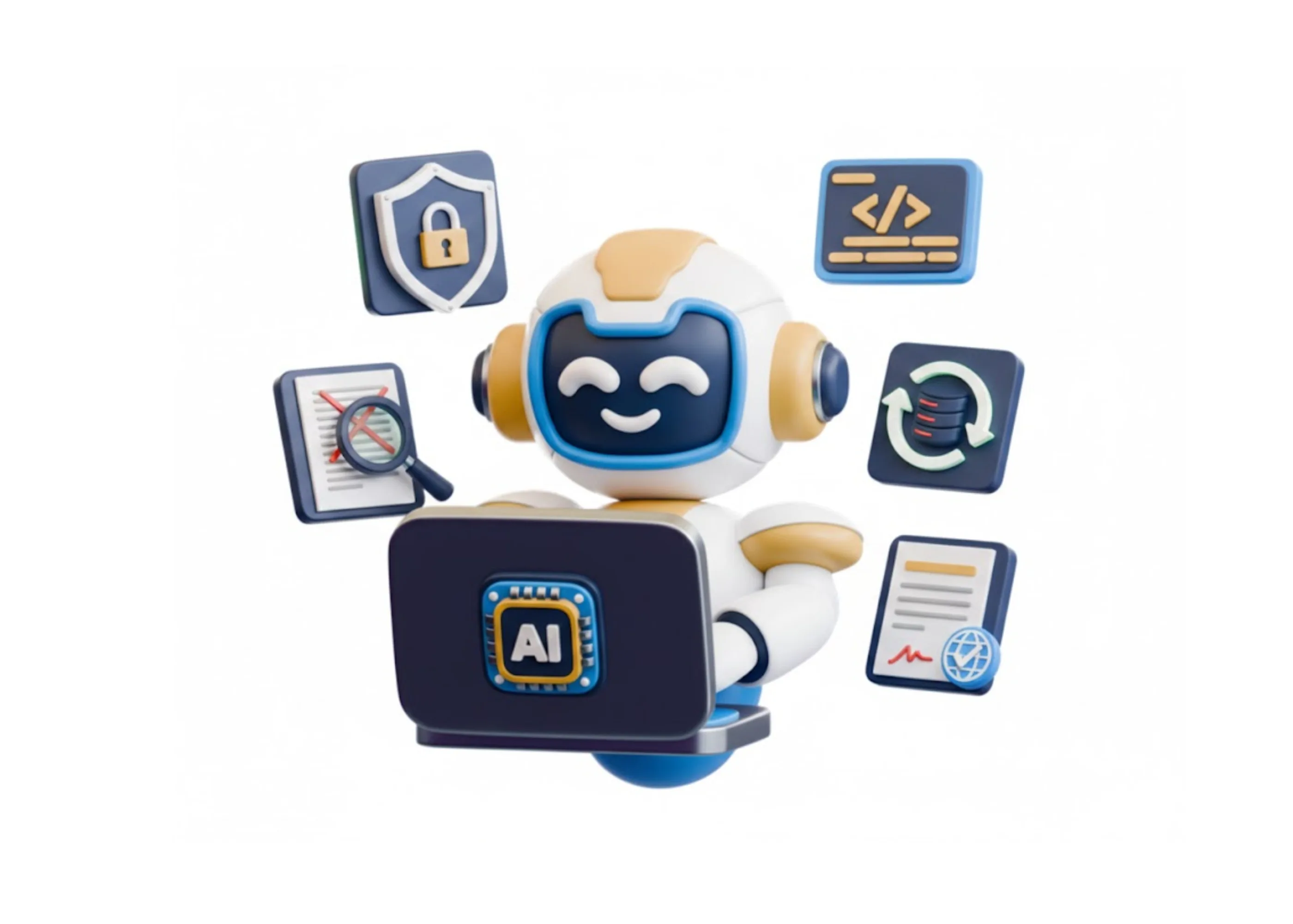 "AI-powered privacy compliance robot illustration showing data protection features including security, code integration, analytics, and data processing automation "