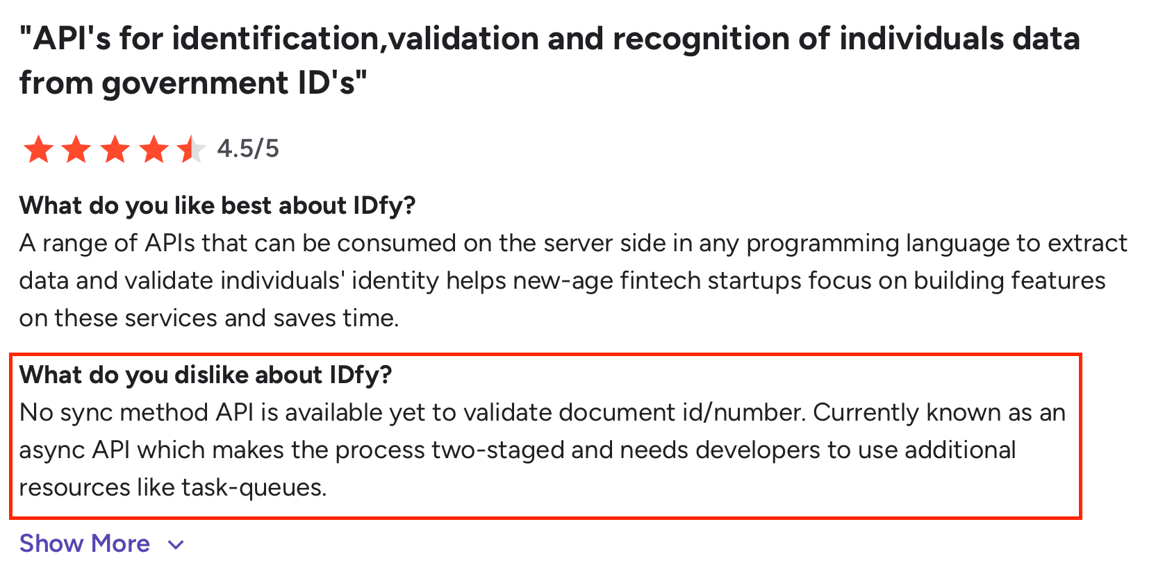 IDfy review noting lack of sync API and reliance on async validation process