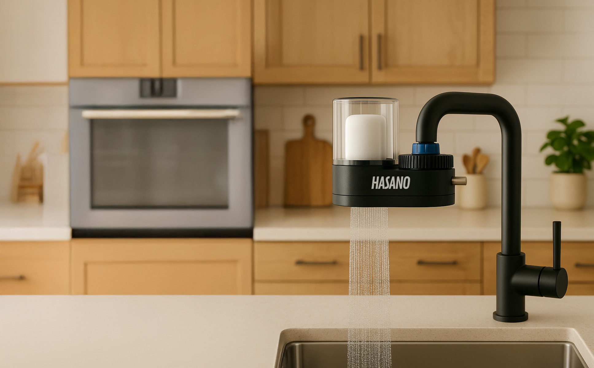 Modern black kitchen faucet with the brand name HASANO releasing a fine stream of water above a sink, set against a background of light wood cabinets, a built-in oven, and kitchen utensils.