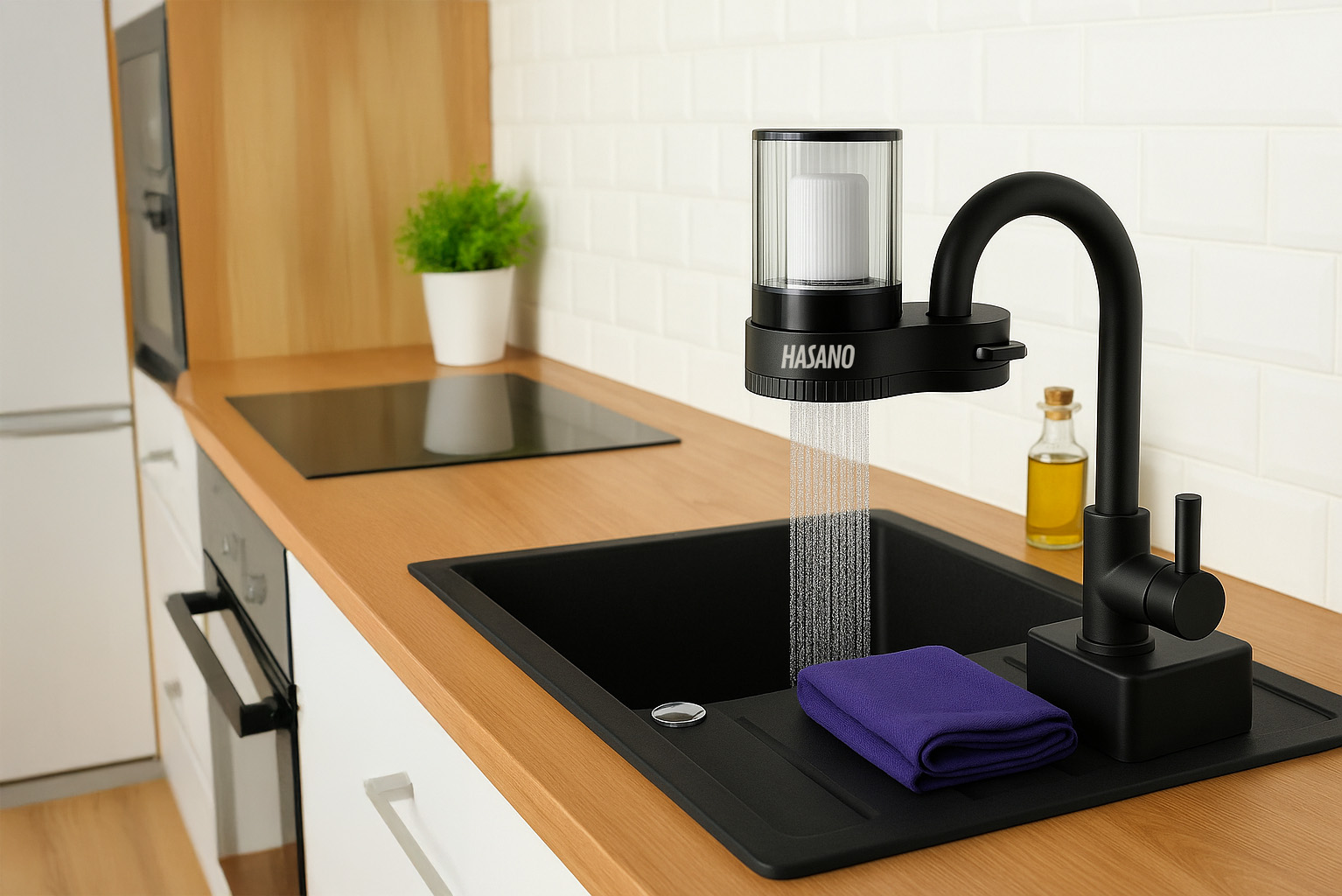 Modern kitchen sink with black faucet labeled HASANO, running water into a black sink with a folded purple cloth on the built-in drying area, wooden countertop, and white tiled backsplash.
