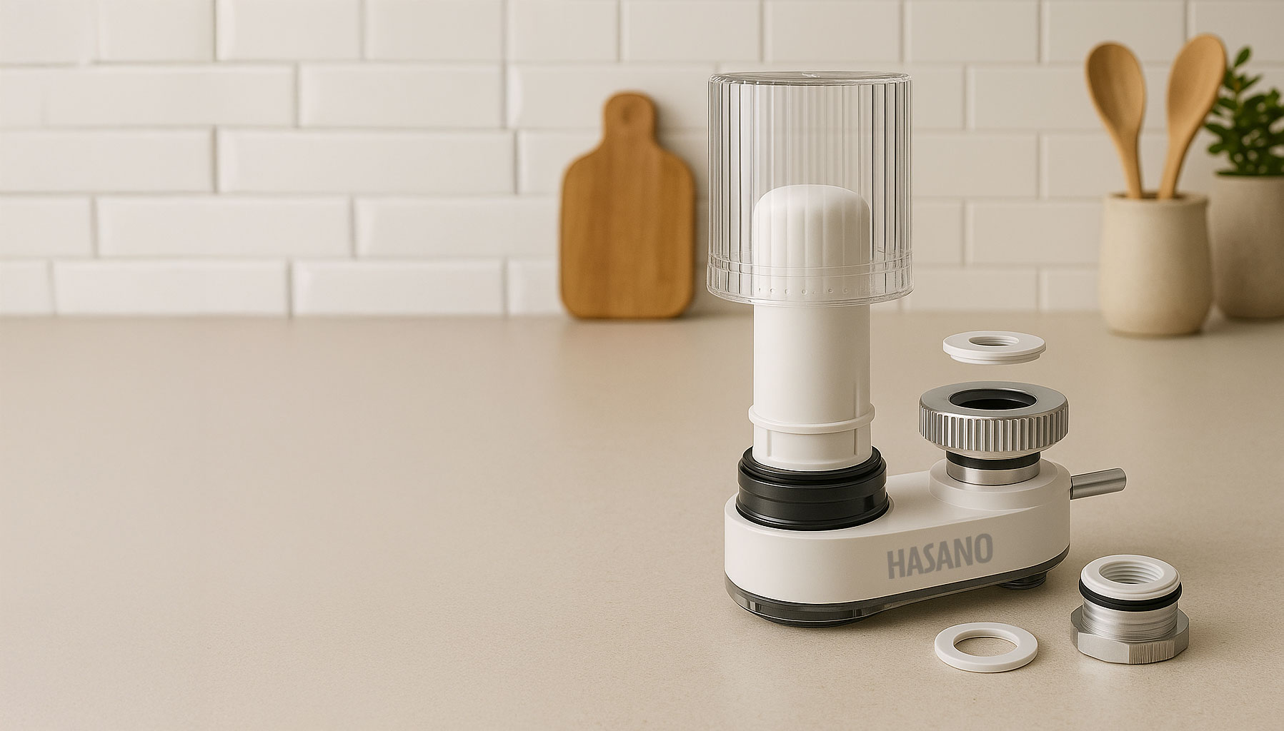 White and black Hasano branded kitchen device on a beige countertop with several detachable parts, set against a white brick tile backsplash with a wooden cutting board and utensils in the background.