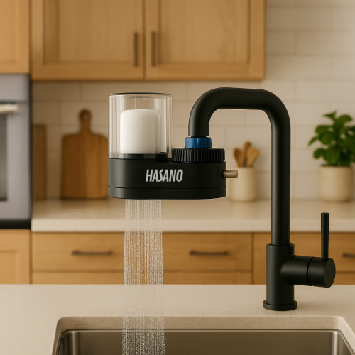 Black HASANO device attached to kitchen sink faucet, filtering water flowing into the sink with wooden cabinets and kitchen decor in the background.