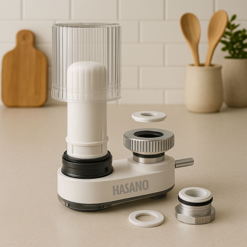 Disassembled white and silver HASANO branded kitchen plumbing part with rubber seals on a beige countertop, with wooden spoons in a ceramic holder, a small plant, and a wooden cutting board blurred in the background.