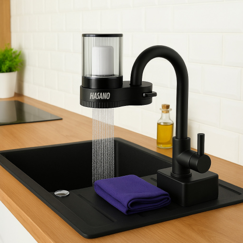 Modern black kitchen faucet labeled 'HASANO' over a black sink with water flowing, a folded purple cloth on the sink edge, and a small bottle of oil in the background on a wooden countertop.
