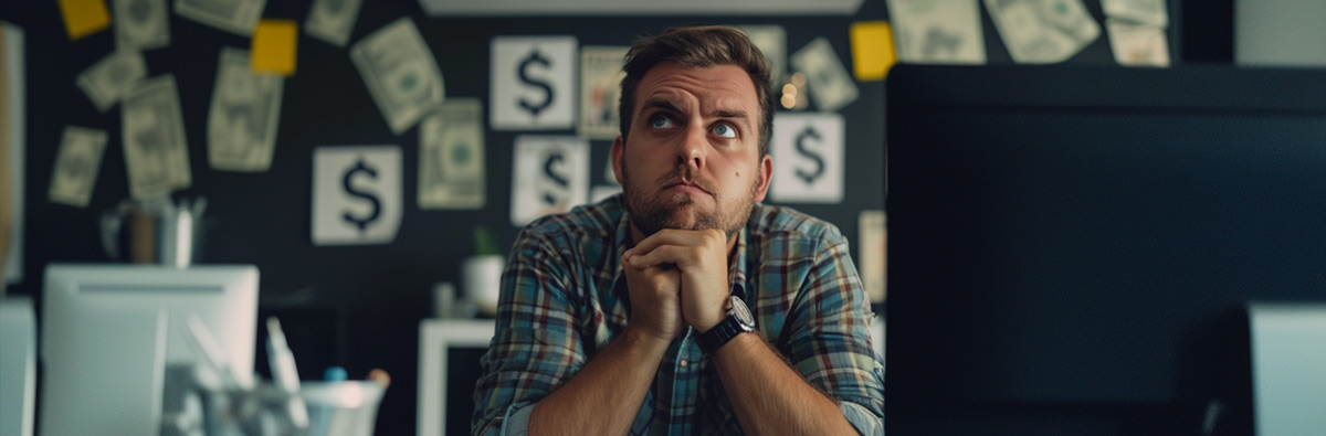 man sitting at desk thinking hard between two mobile surveillance trailer options dollar signs in background