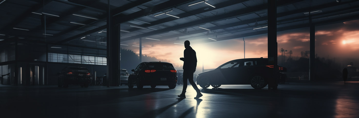 silhouette man dark walking through retail parking lot to break into car dusk
