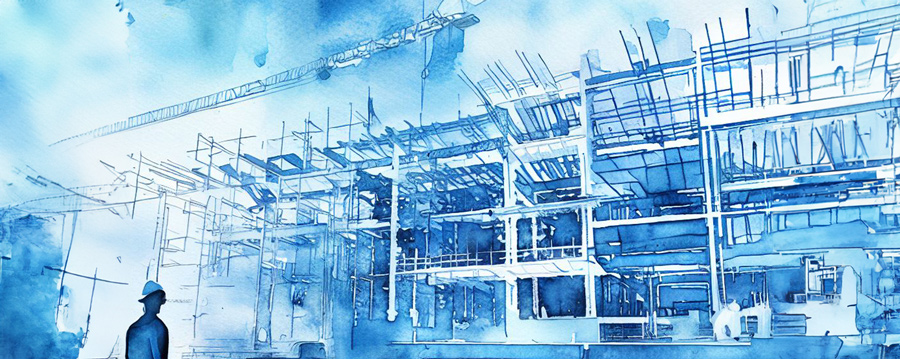 construction site watercolor painting in blue hues with figure standing managing the site in lower left corner