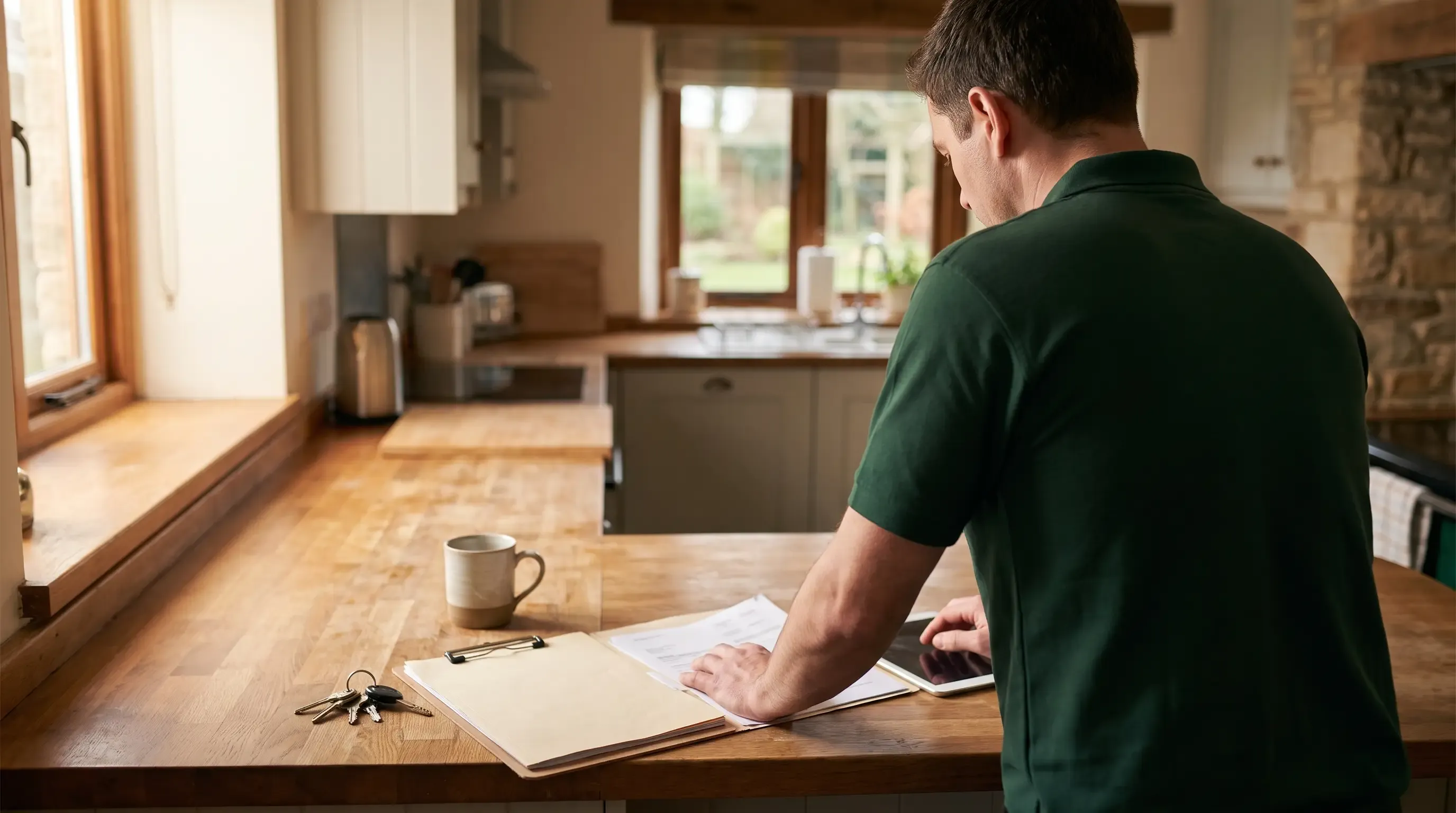 Property manager working at a kitchen table