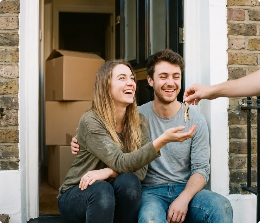 Couple receiving keys to their new rental home in Leicester