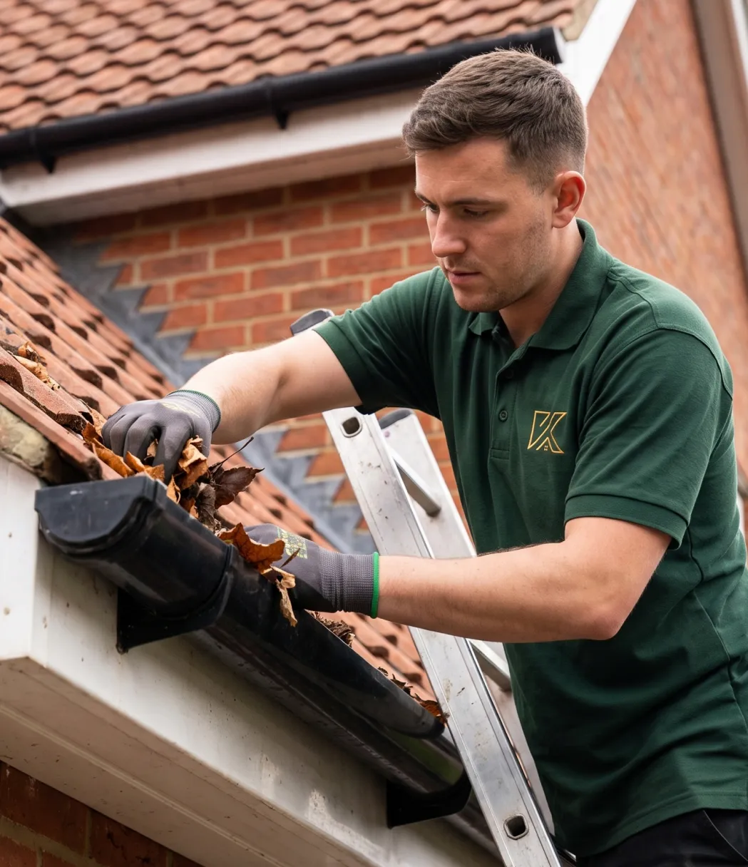 Kiwami maintenance technician clearing a gutter