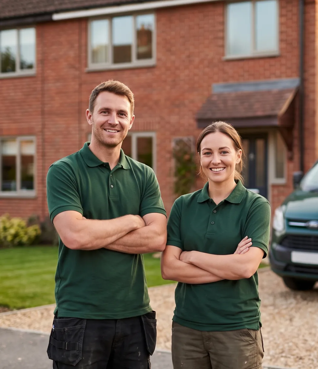 Two Kiwami team members standing outside a Leicester property