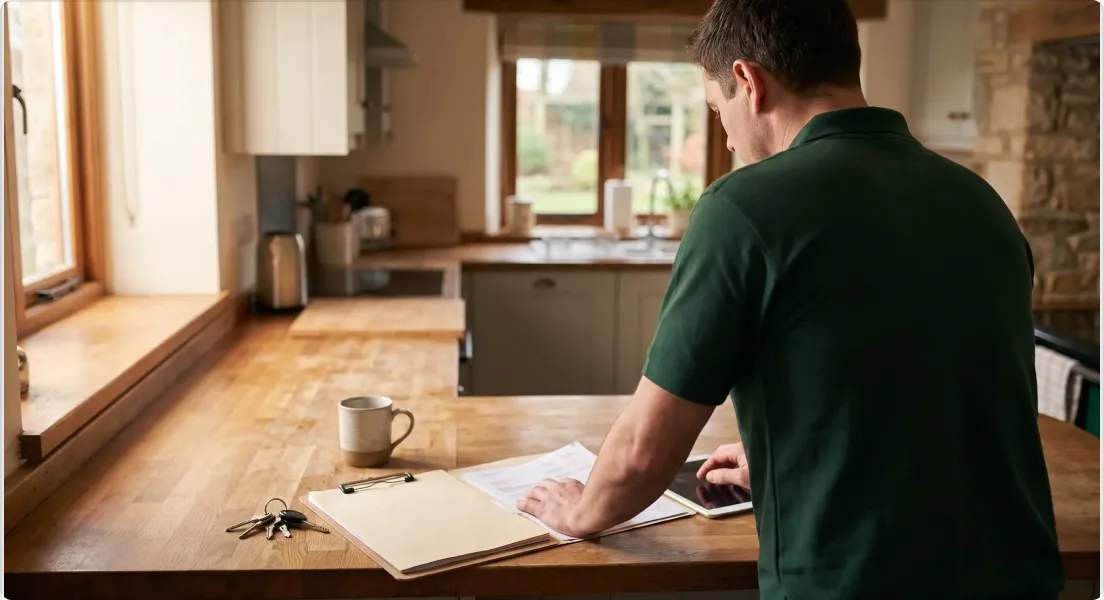 Property manager reviewing documents in a kitchen