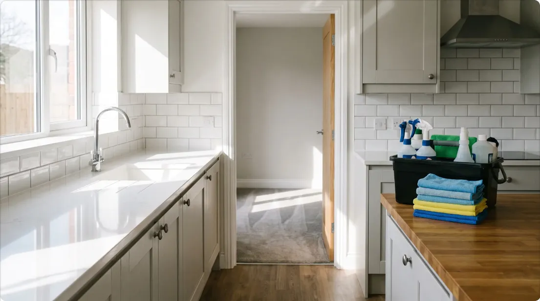 Clean kitchen with cleaning supplies on the counter
