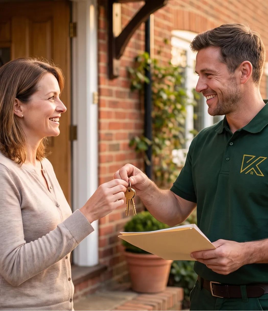 KIWAMI technician handing keys to a homeowner at her front door