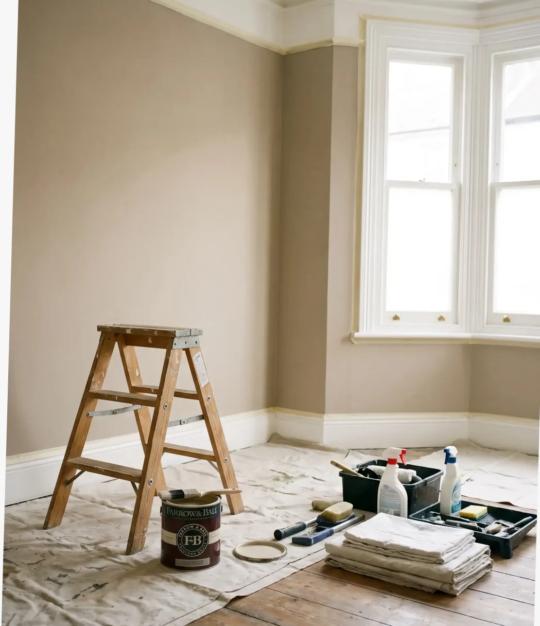 Empty room being prepared for a new tenant with a stepladder, paint and dust sheets