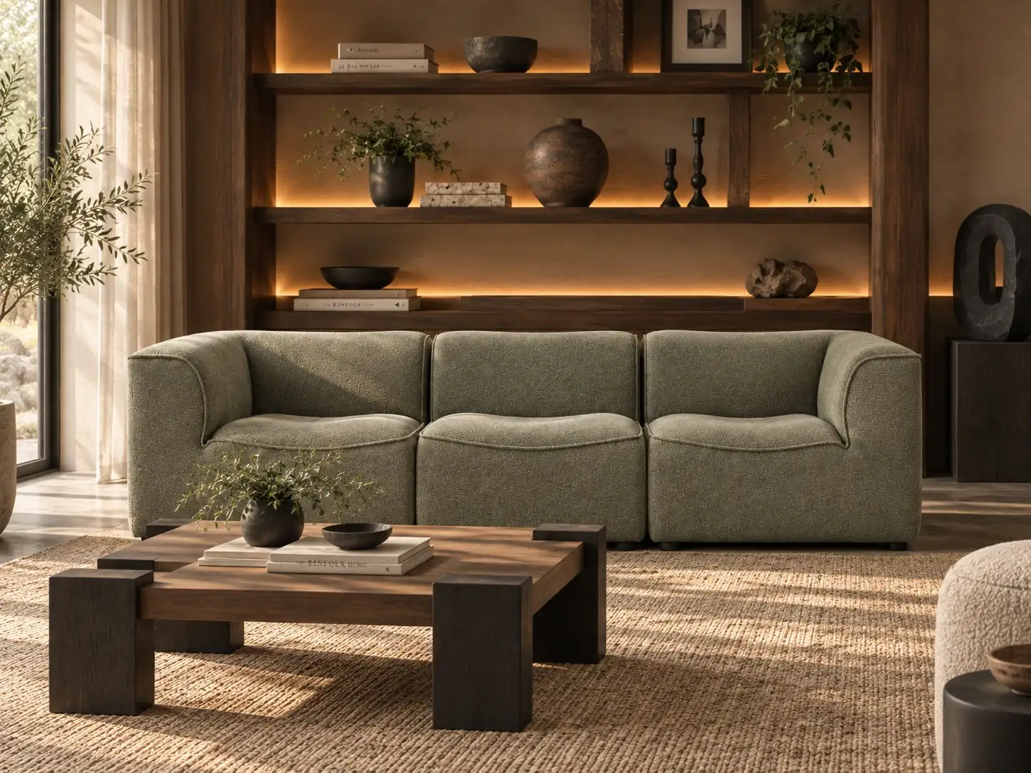 Curved green sofa and dark wood coffee table in a warmly lit living room with illuminated shelving.